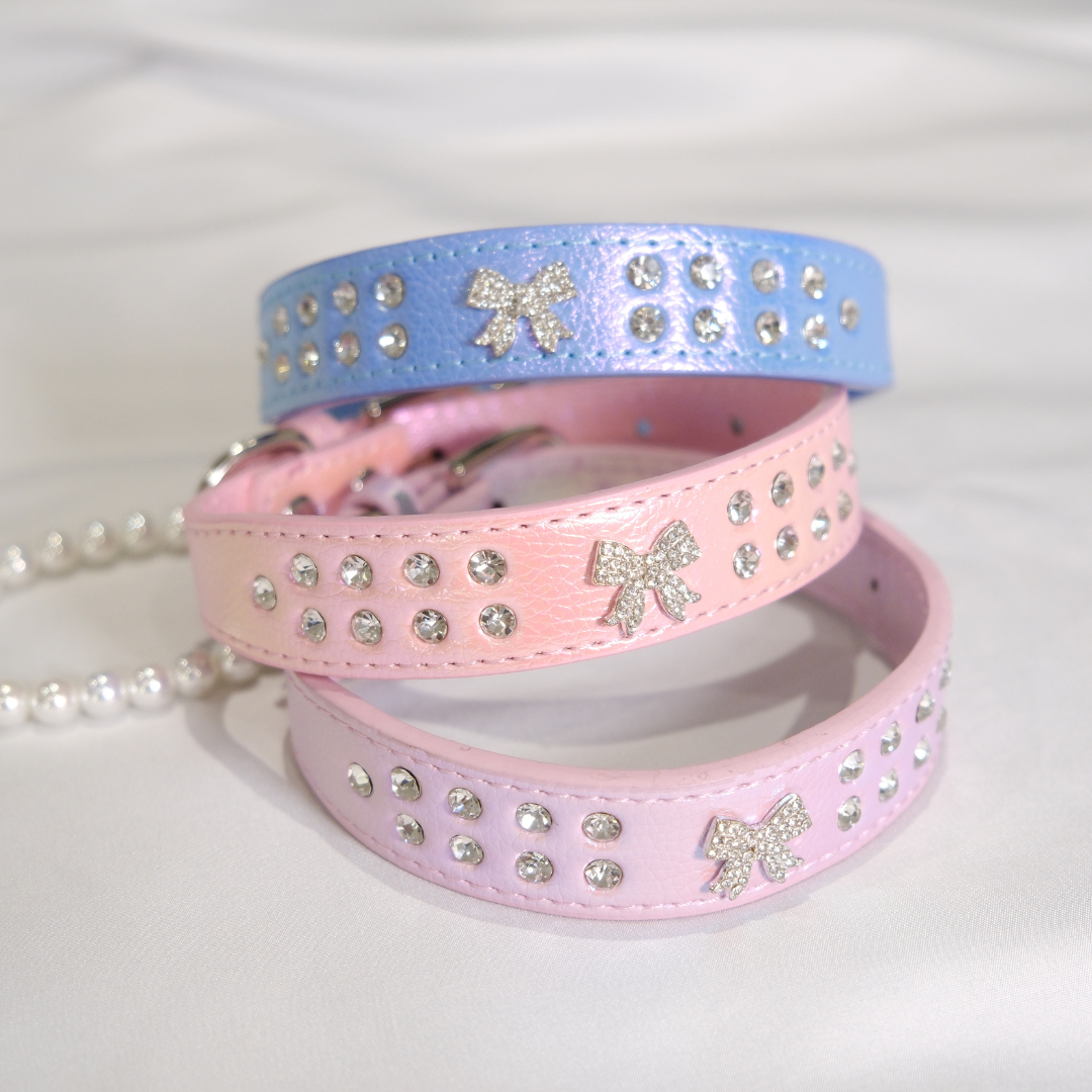 Cute Pink Dog Collar with Glitter Bow and Crystals – XS/S/M Sizes