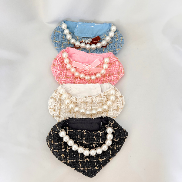 Chanel-Inspired Pearl Pet Bib – Cream Bouclé Elegance for Small Pets