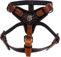 Two Tone Extra Large Heavy Duty Brown / Dark Brown Leather Dog Harness with Studds and American Bulldog Badge