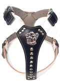 Two Tone White / Black Leather Dog Harness with Staffy Head Motif & Studded Design