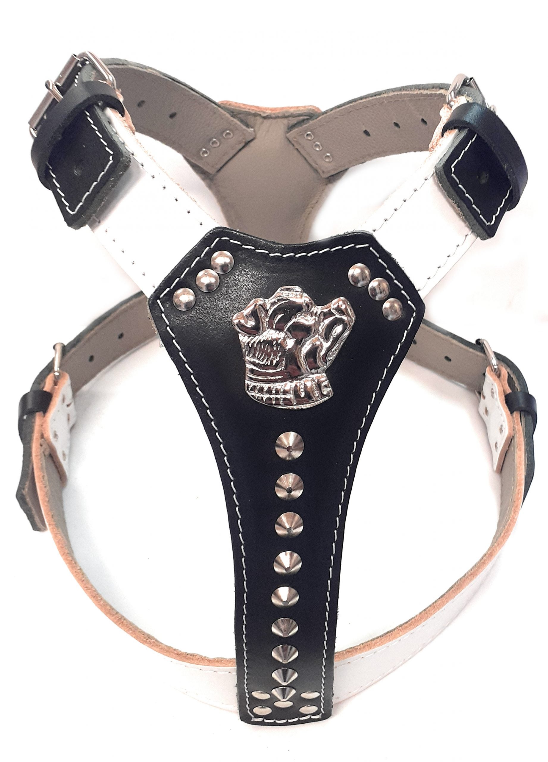 Two Tone White / Black Leather Dog Harness with Staffy Head Motif & Studded Design