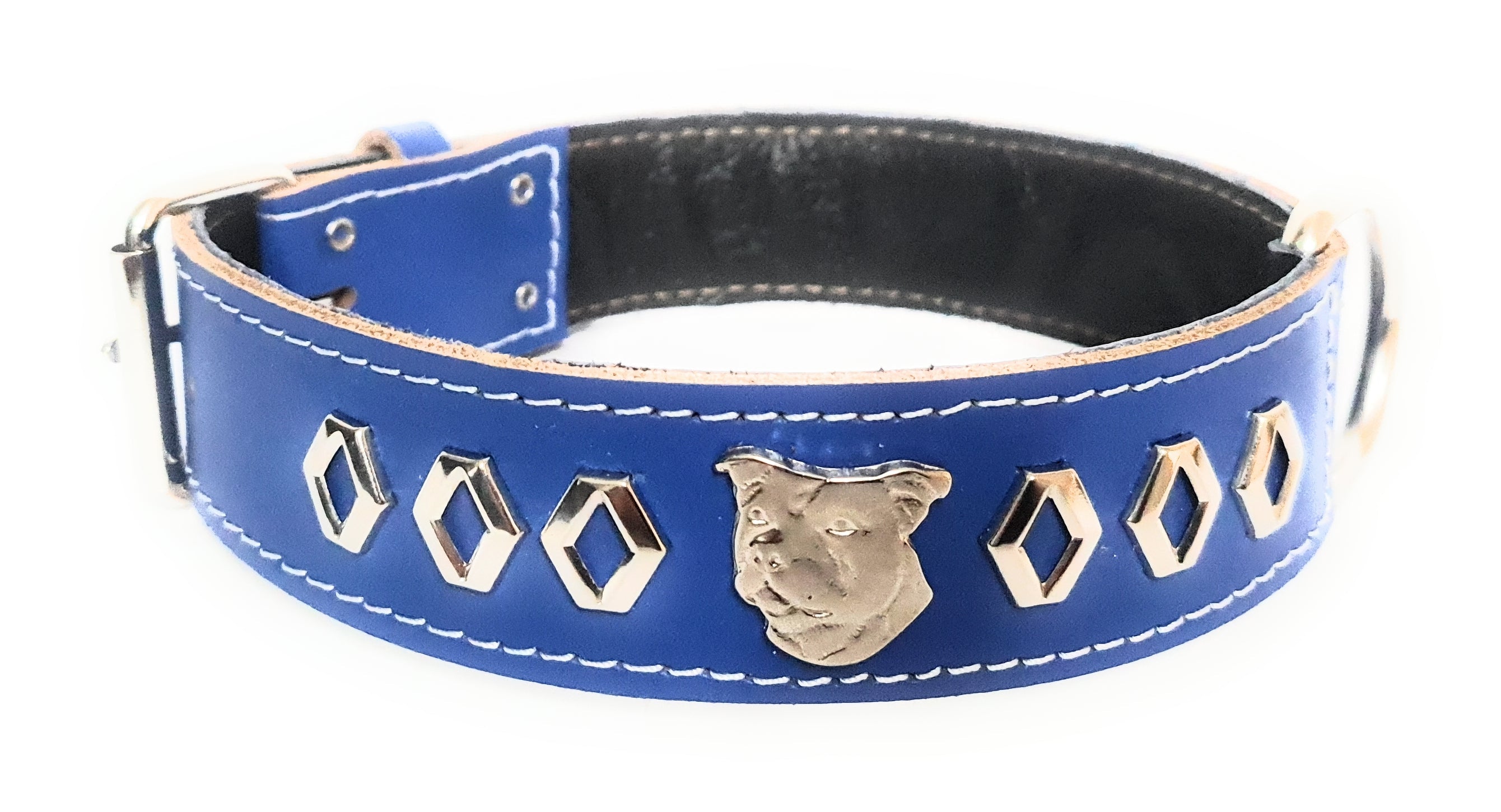 1.5" Staffy Leather Dog Collar with Decorative Design and Staffordshire Bull Terrier Badge
