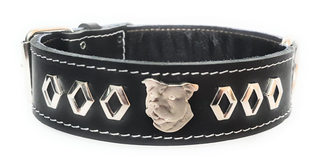 1.5" Staffy Leather Dog Collar with Decorative Design and Staffordshire Bull Terrier Badge