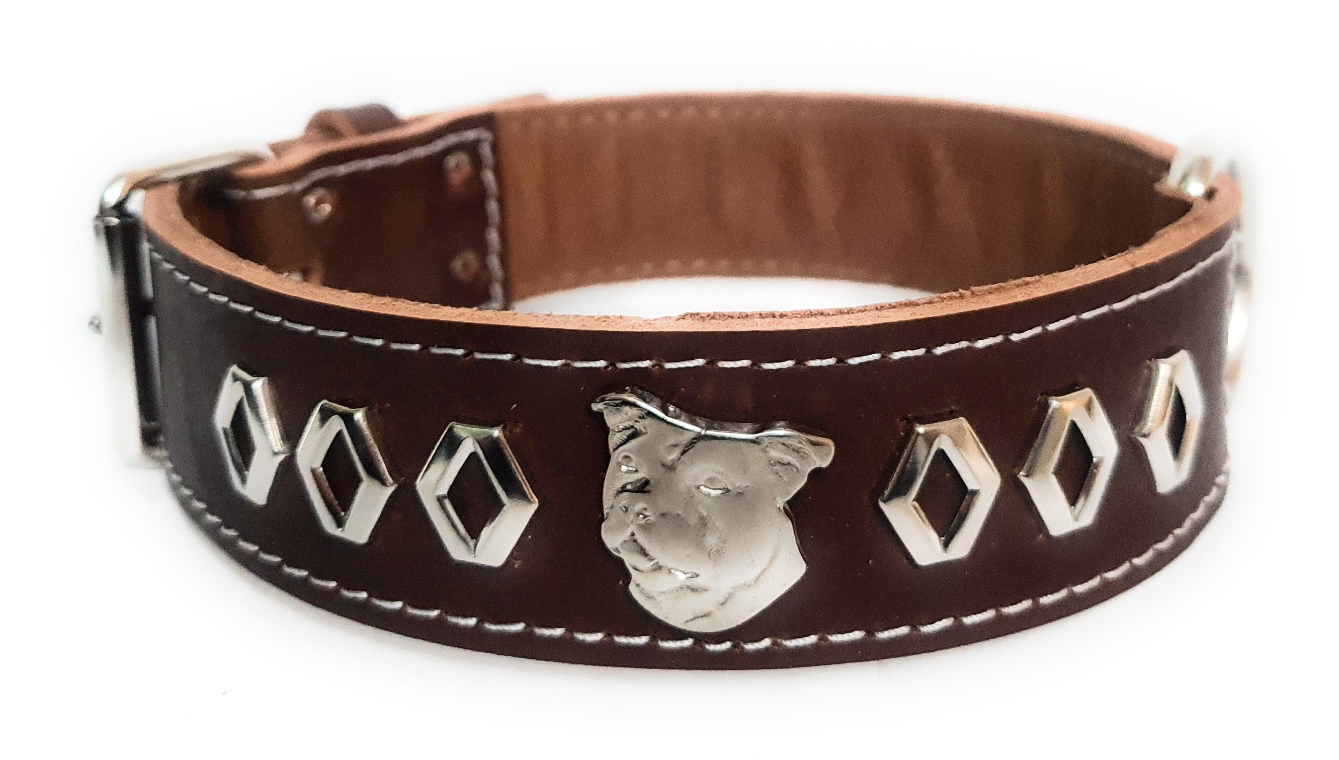 1.5" Staffy Leather Dog Collar with Decorative Design and Staffordshire Bull Terrier Badge