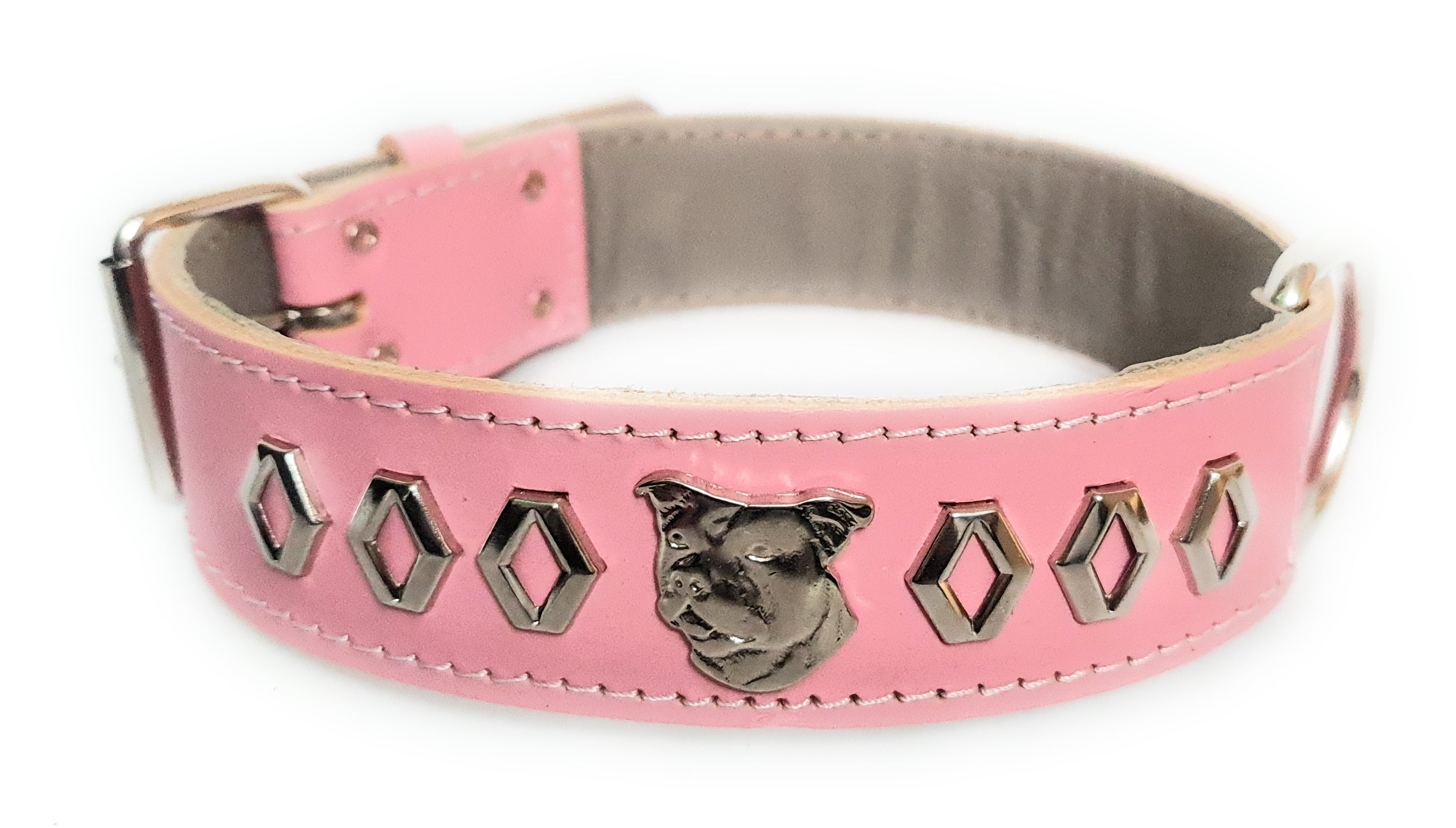 1.5" Staffy Leather Dog Collar with Decorative Design and Staffordshire Bull Terrier Badge