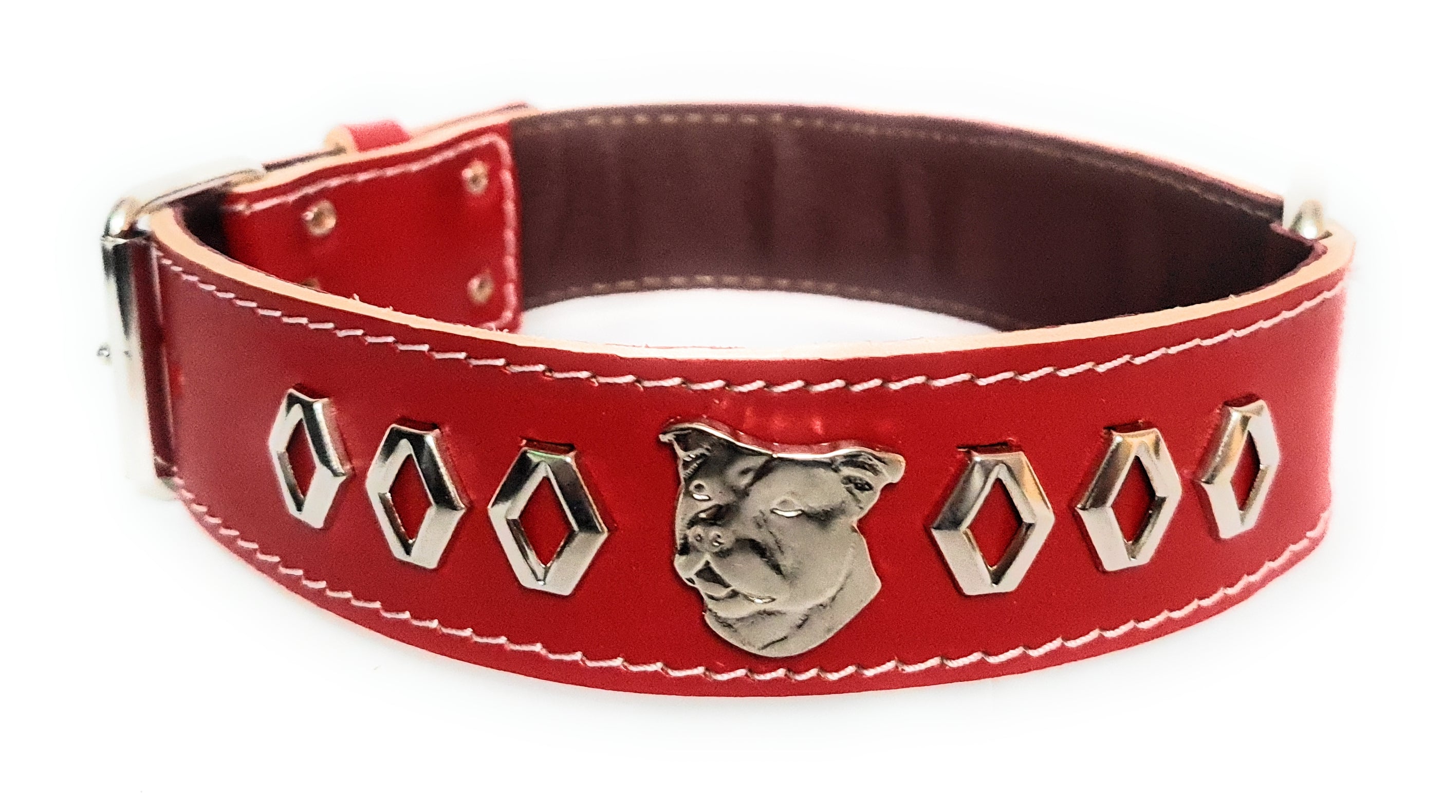 1.5" Staffy Leather Dog Collar with Decorative Design and Staffordshire Bull Terrier Badge