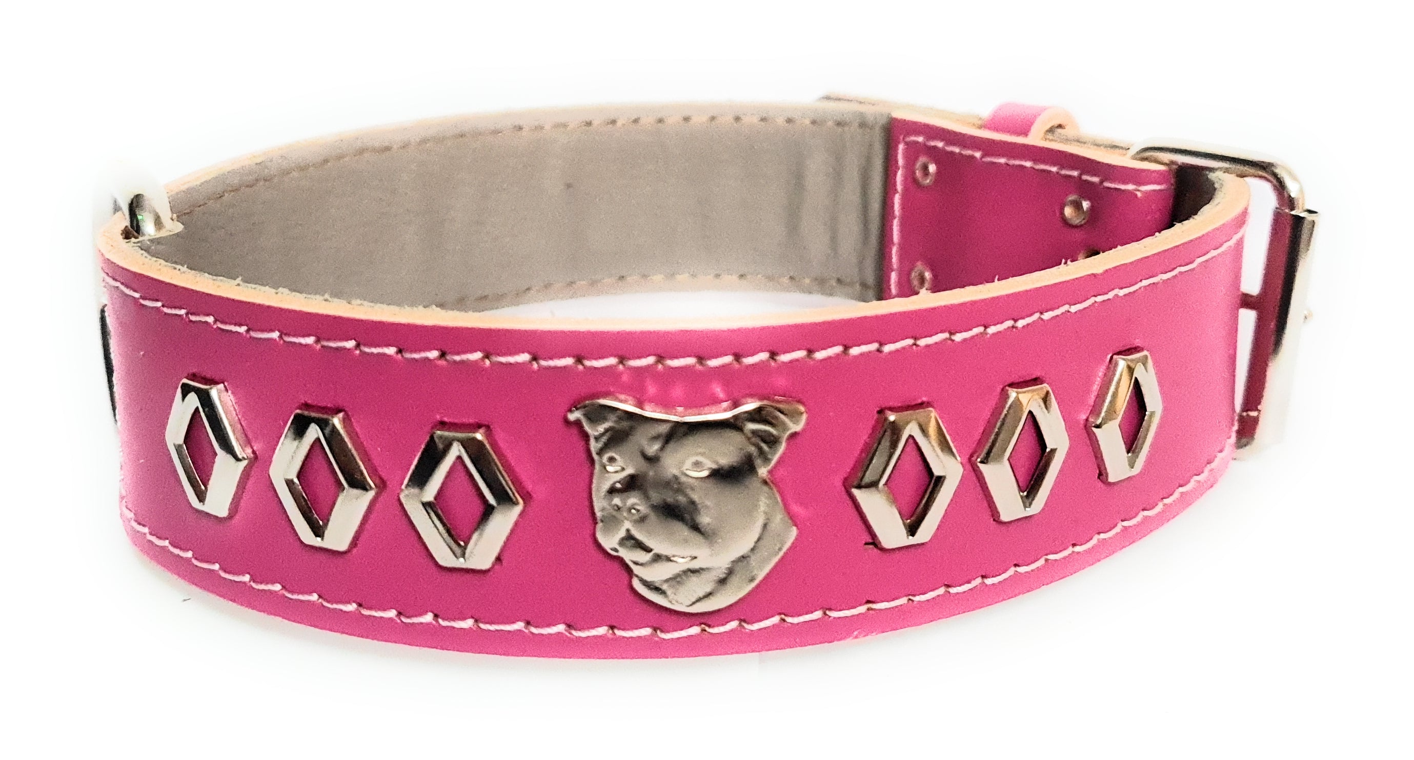 1.5" Staffy Leather Dog Collar with Decorative Design and Staffordshire Bull Terrier Badge