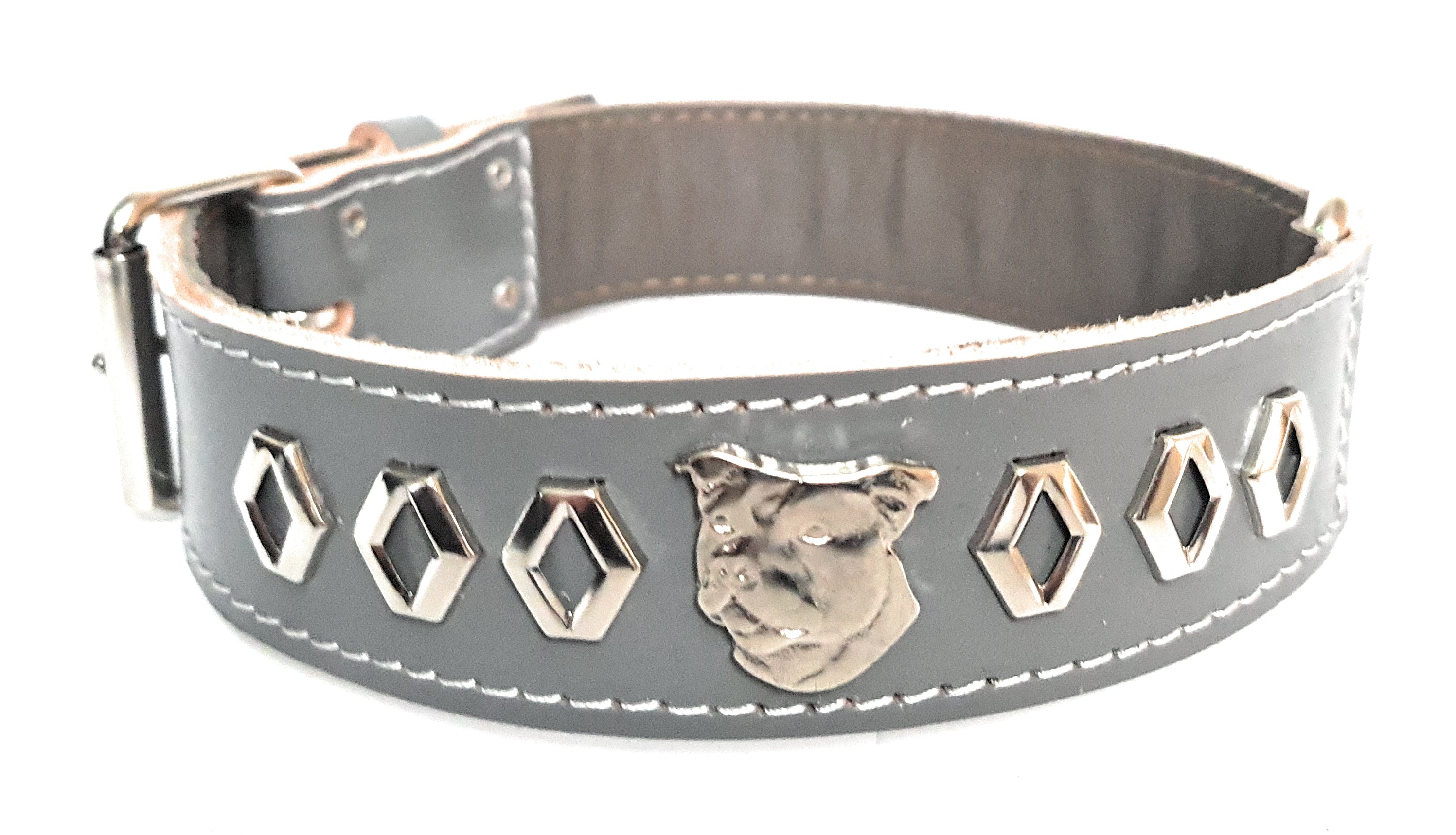 1.5" Staffy Leather Dog Collar with Decorative Design and Staffordshire Bull Terrier Badge
