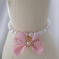Princess Pearl Pet Necklace – Pink Gingham Bow with Heart Charm | Elegant Dog & Cat Jewelry