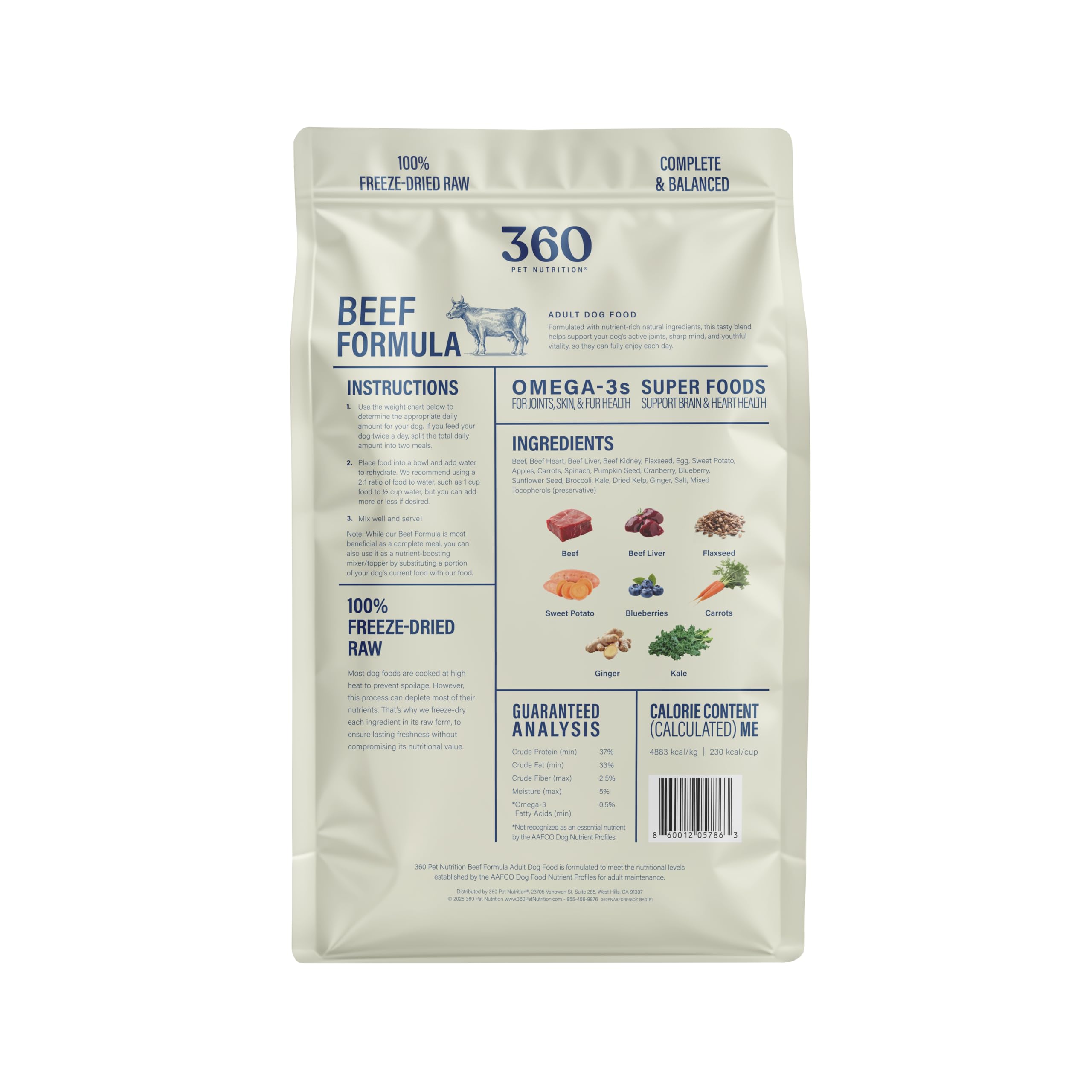 360 Pet Nutrition Freeze-Dried Raw Dog Food – Beef Recipe with Liver & Organs, Grain-Free, USA Made