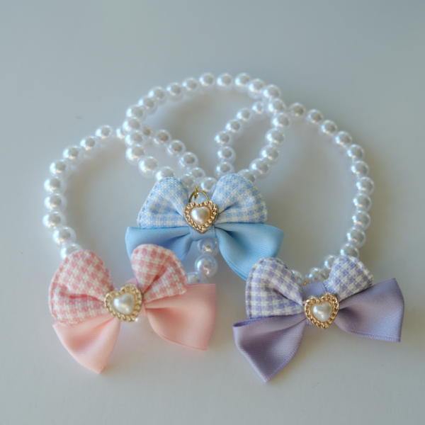 Princess Pearl Pet Necklace – Pink Gingham Bow with Heart Charm | Elegant Dog & Cat Jewelry