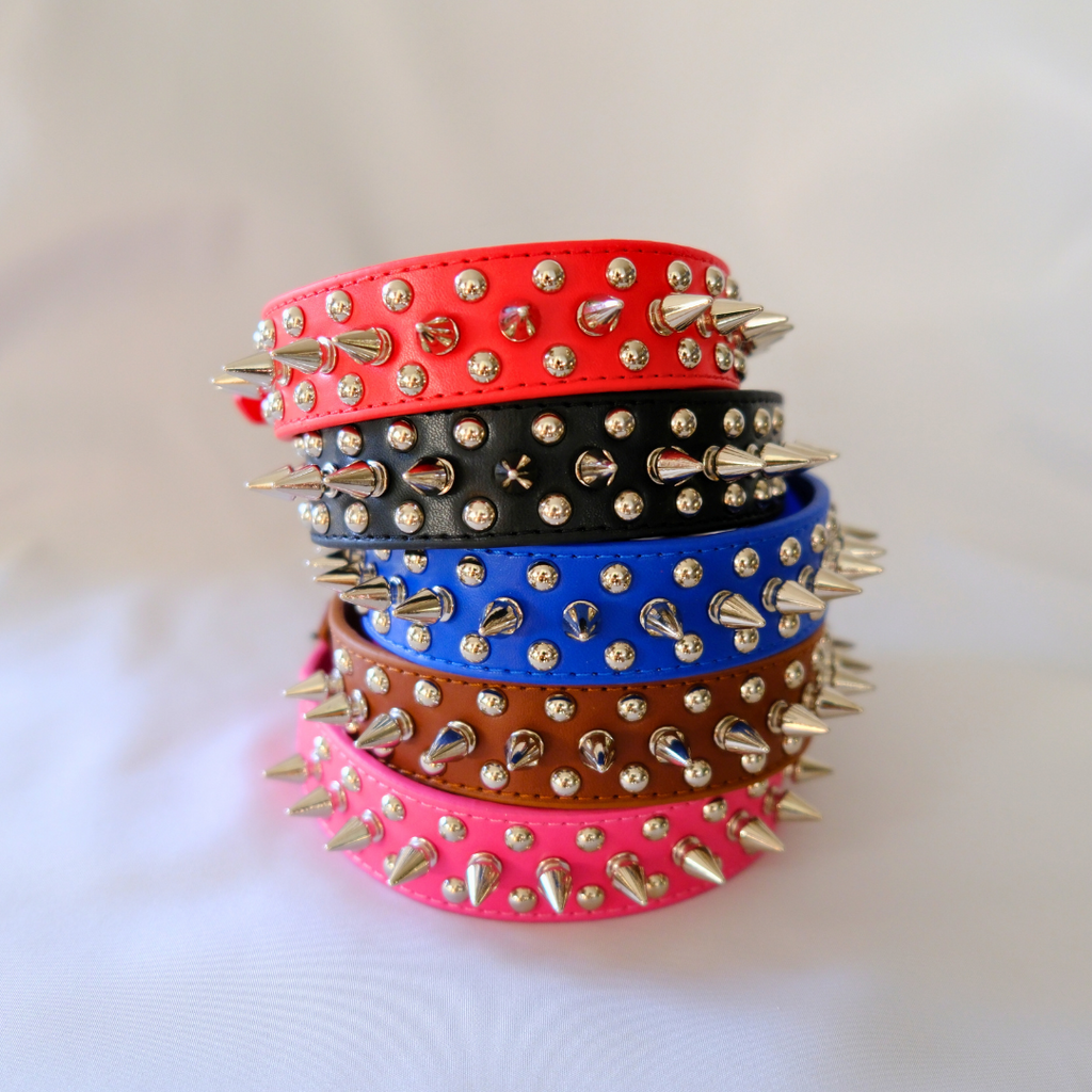 Red Spiked Leather Dog Collar – Tough PU Leather, Full Size Range