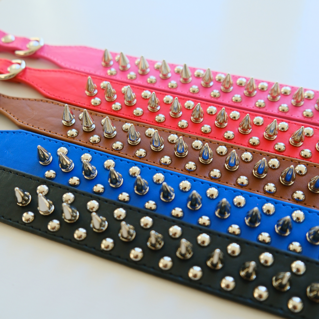 Red Spiked Leather Dog Collar – Tough PU Leather, Full Size Range