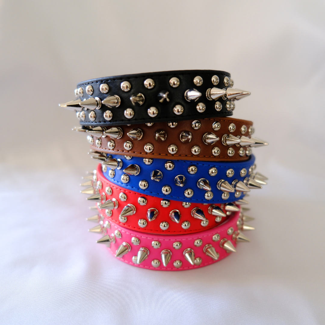 Black Leather Dog Collar with Spikes and Studs – XXS to XXXL Sizes