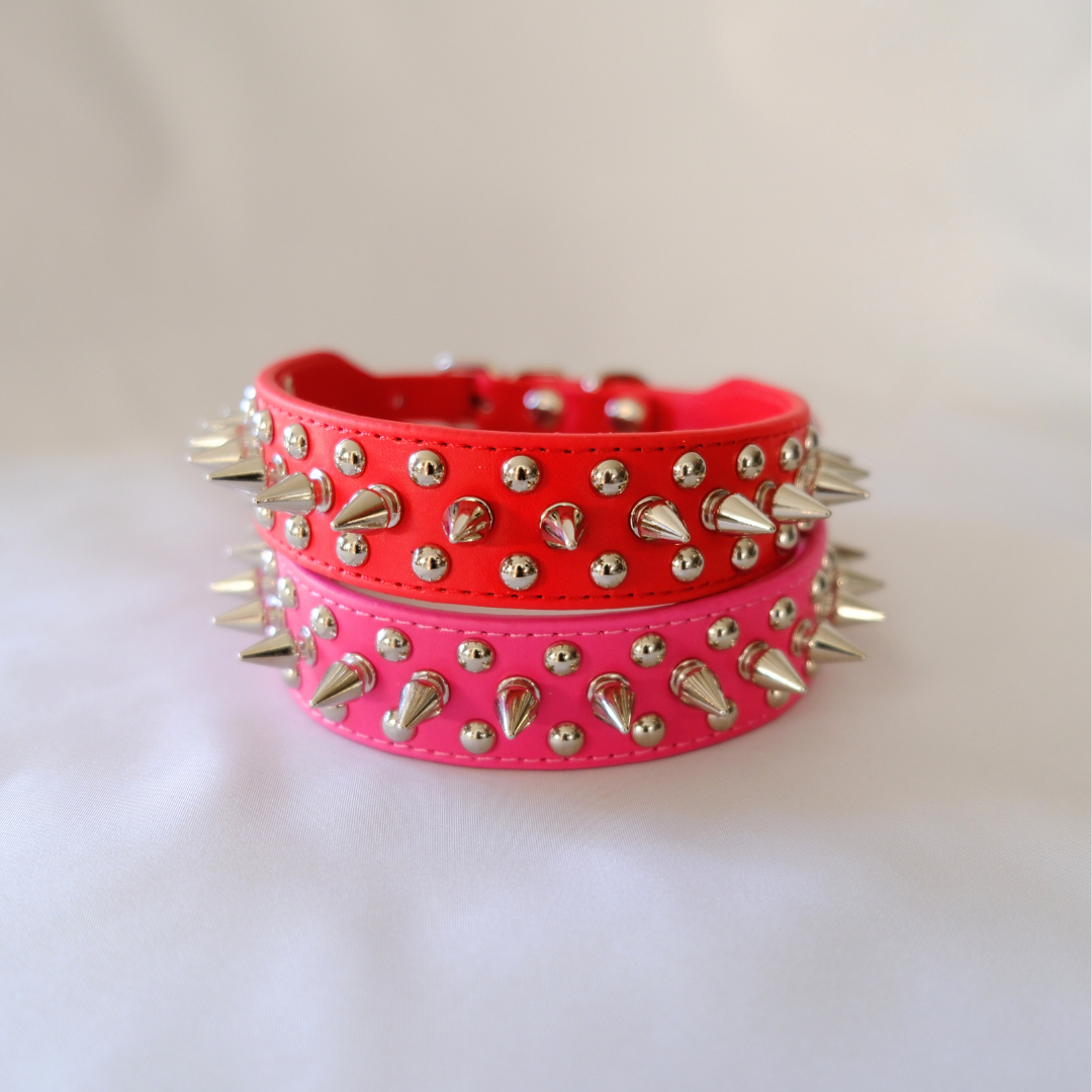 Red Spiked Leather Dog Collar – Tough PU Leather, Full Size Range