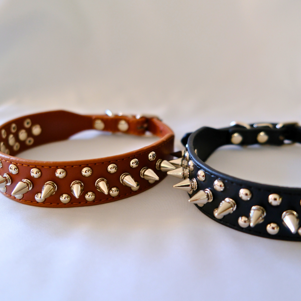 Coffee Brown Spiked Dog Collar with Metal Studs – PU Leather XXS to XXXL
