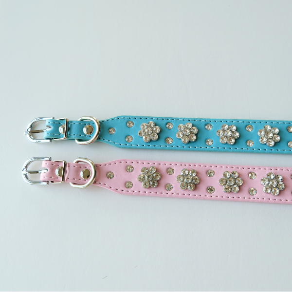 Bling Crystal Flower Dog Collar – Pink Faux Leather with Rhinestones for Glam Pups