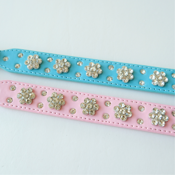 Bling Crystal Flower Dog Collar – Pink Faux Leather with Rhinestones for Glam Pups