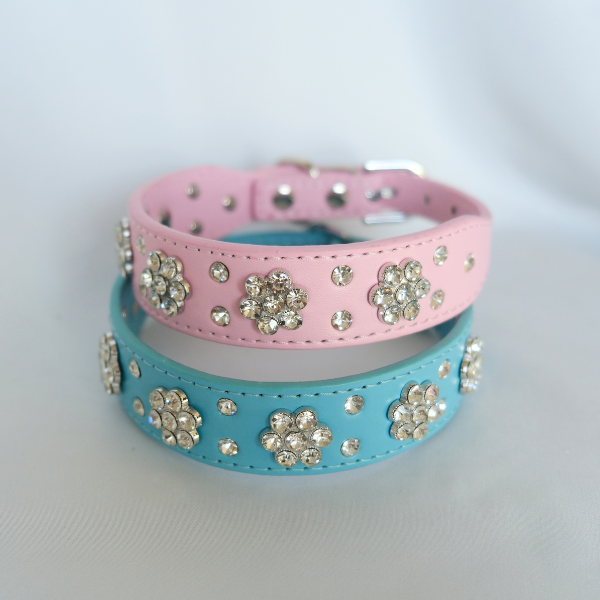 Bling Crystal Flower Dog Collar – Pink Faux Leather with Rhinestones for Glam Pups