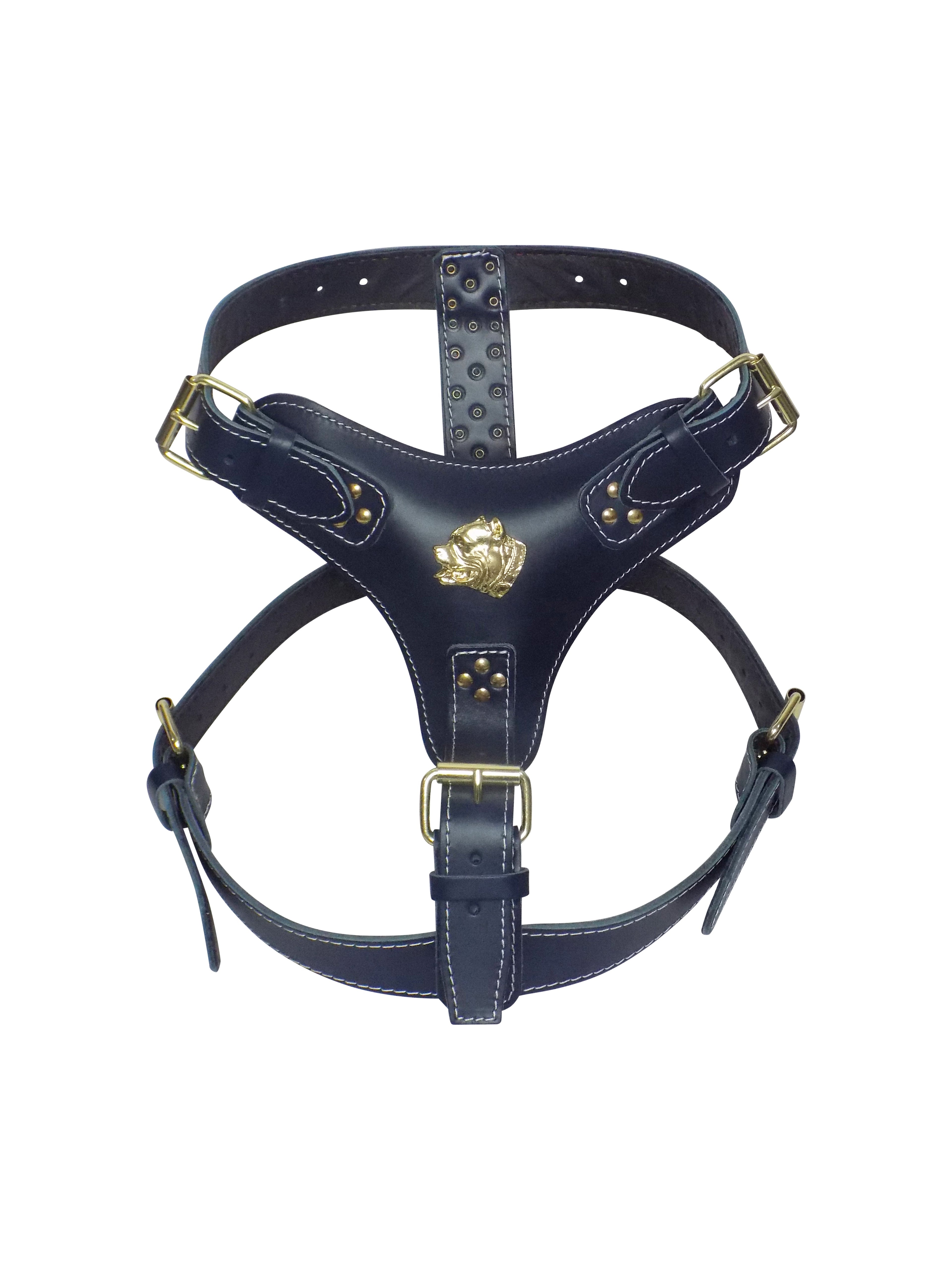 Extra Large Heavy Duty Leather Dog Harness with Gold American Bully Head Motif