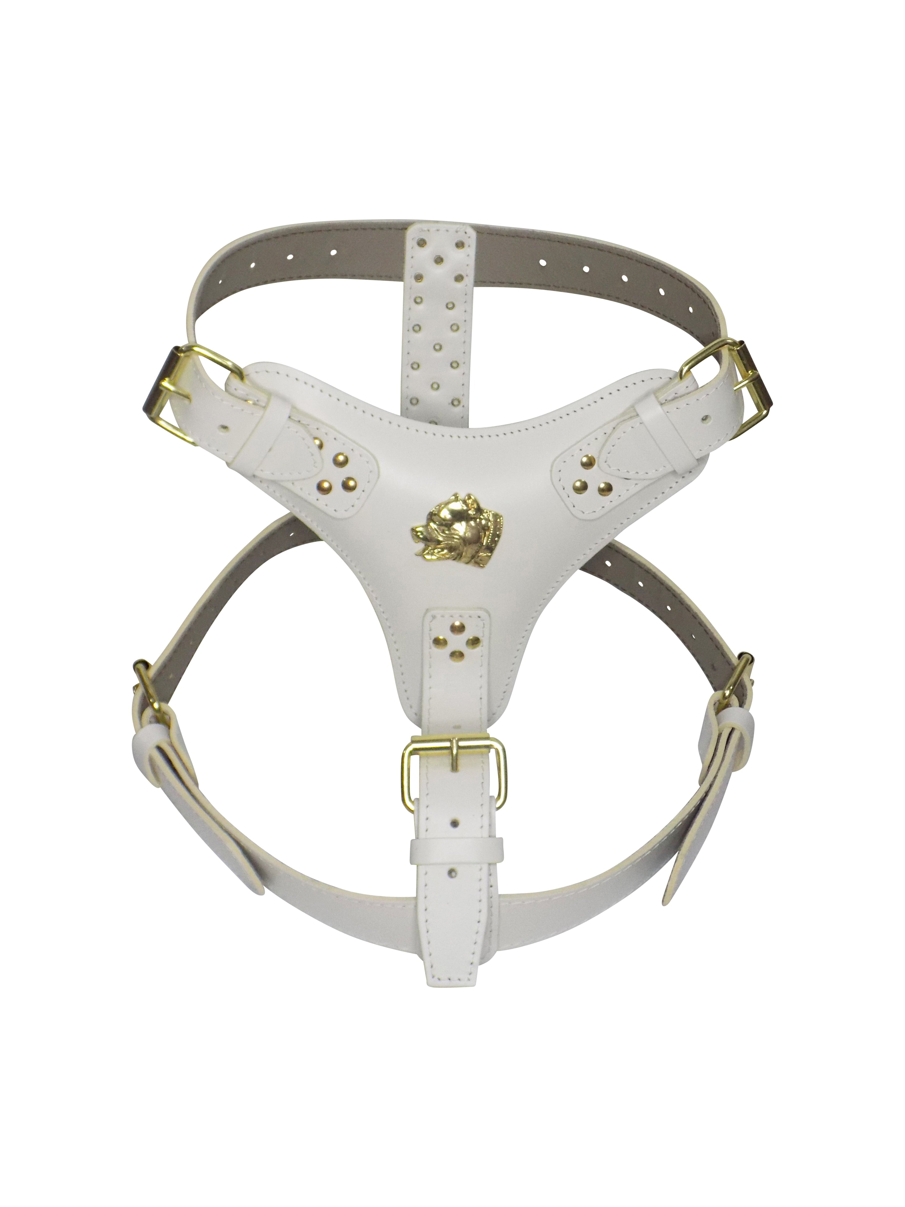Extra Large Heavy Duty Leather Dog Harness with Gold American Bully Head Motif