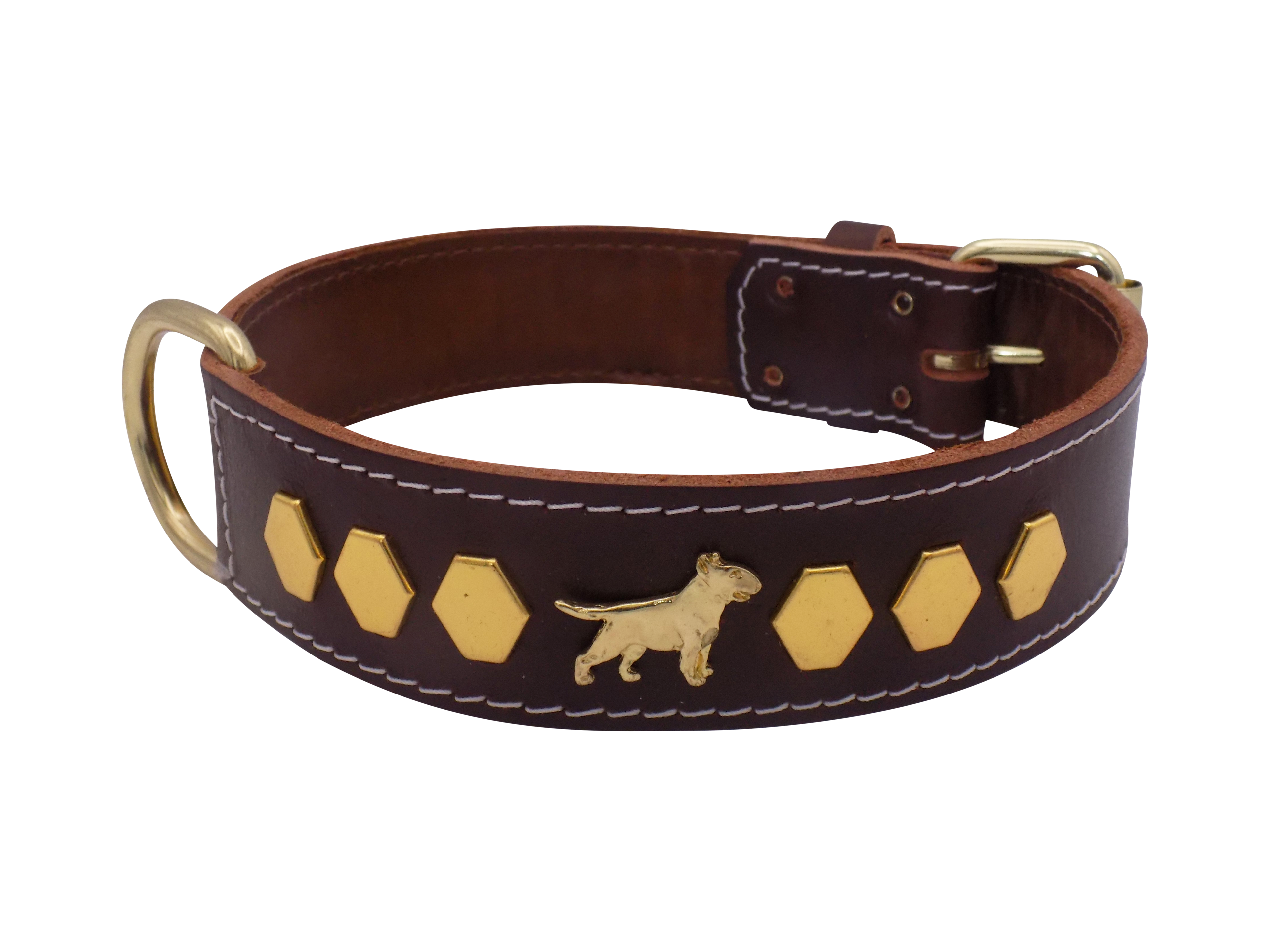 1.5" wide Leather Dog Collar with Decorative Gold Design and English Bull Terrier Badges
