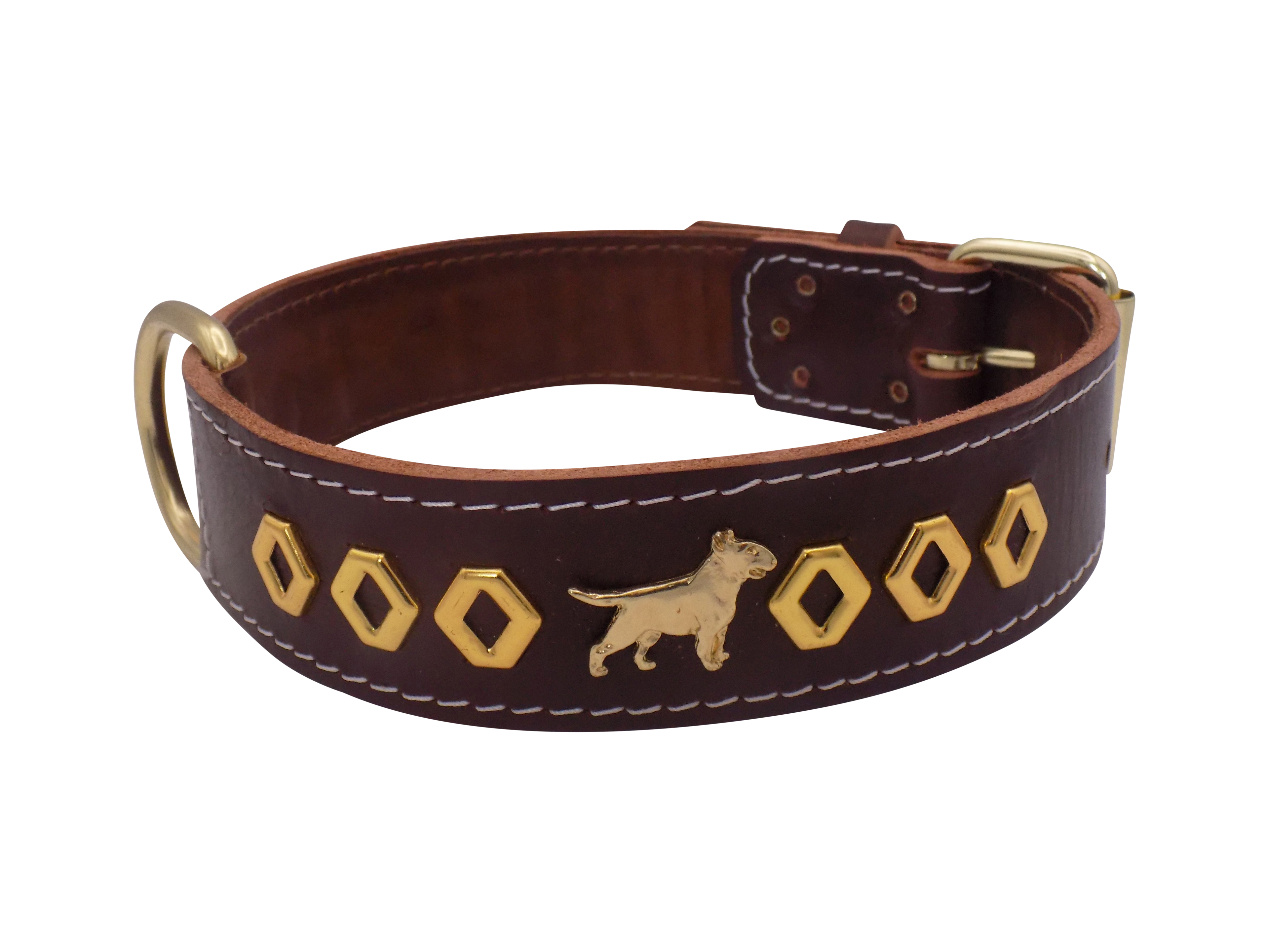 1.5" wide Leather Dog Collar with Decorative Gold Design and English Bull Terrier Badges