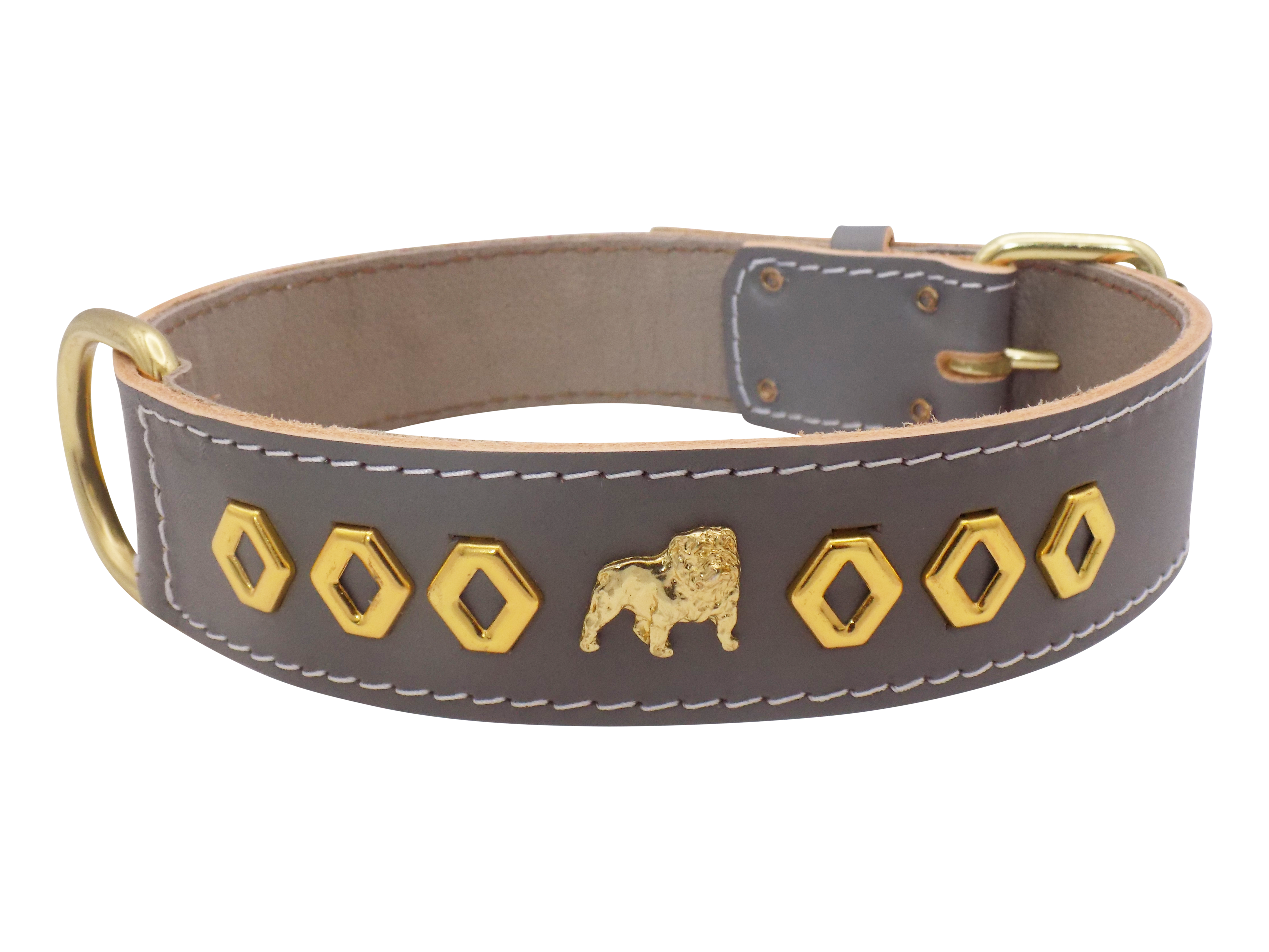 1.5" wide Leather Dog Collar with Unique Gold Design and English Bulldog Badges