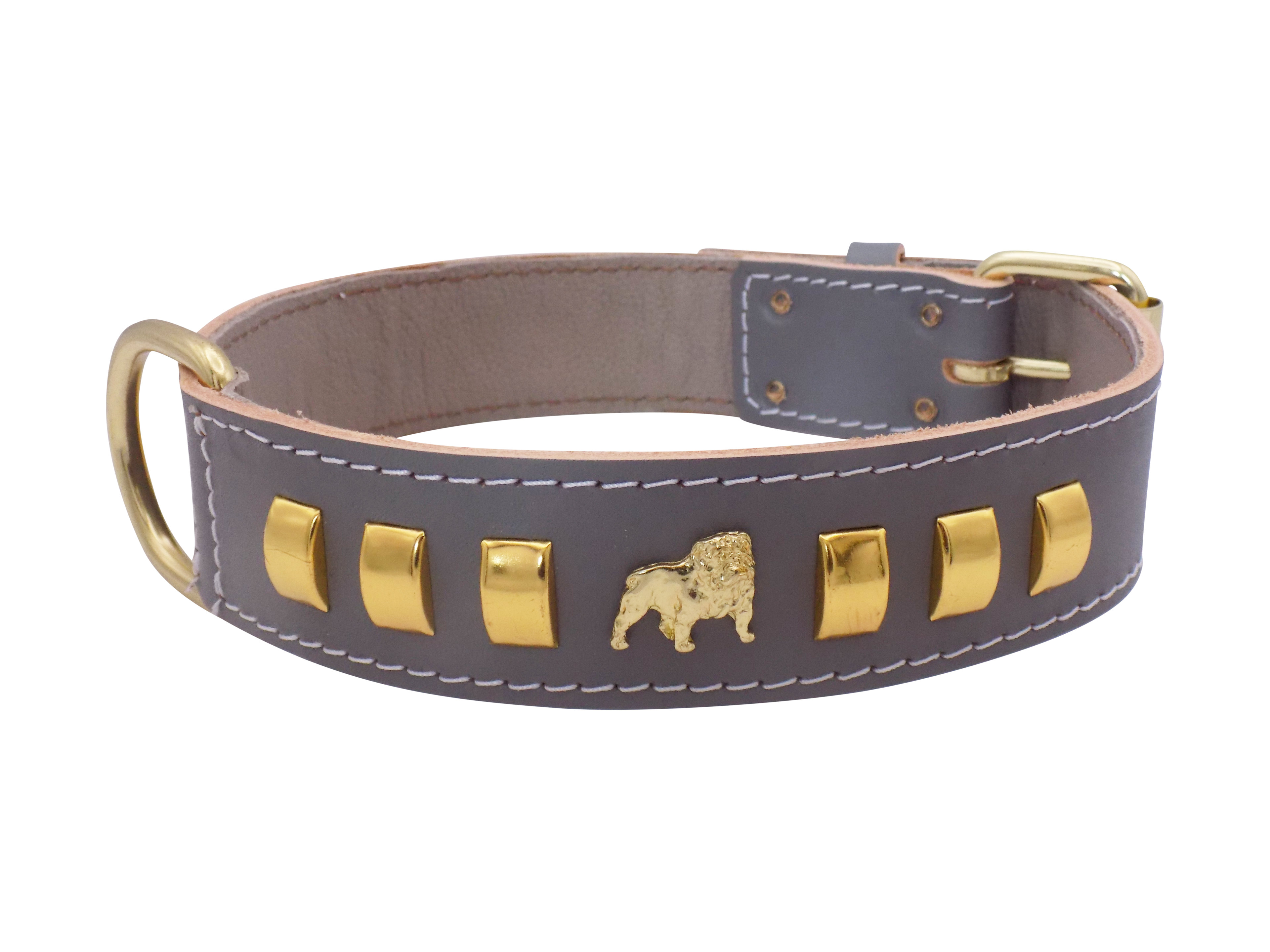 1.5" wide Leather Dog Collar with Unique Gold Design and English Bulldog Badges