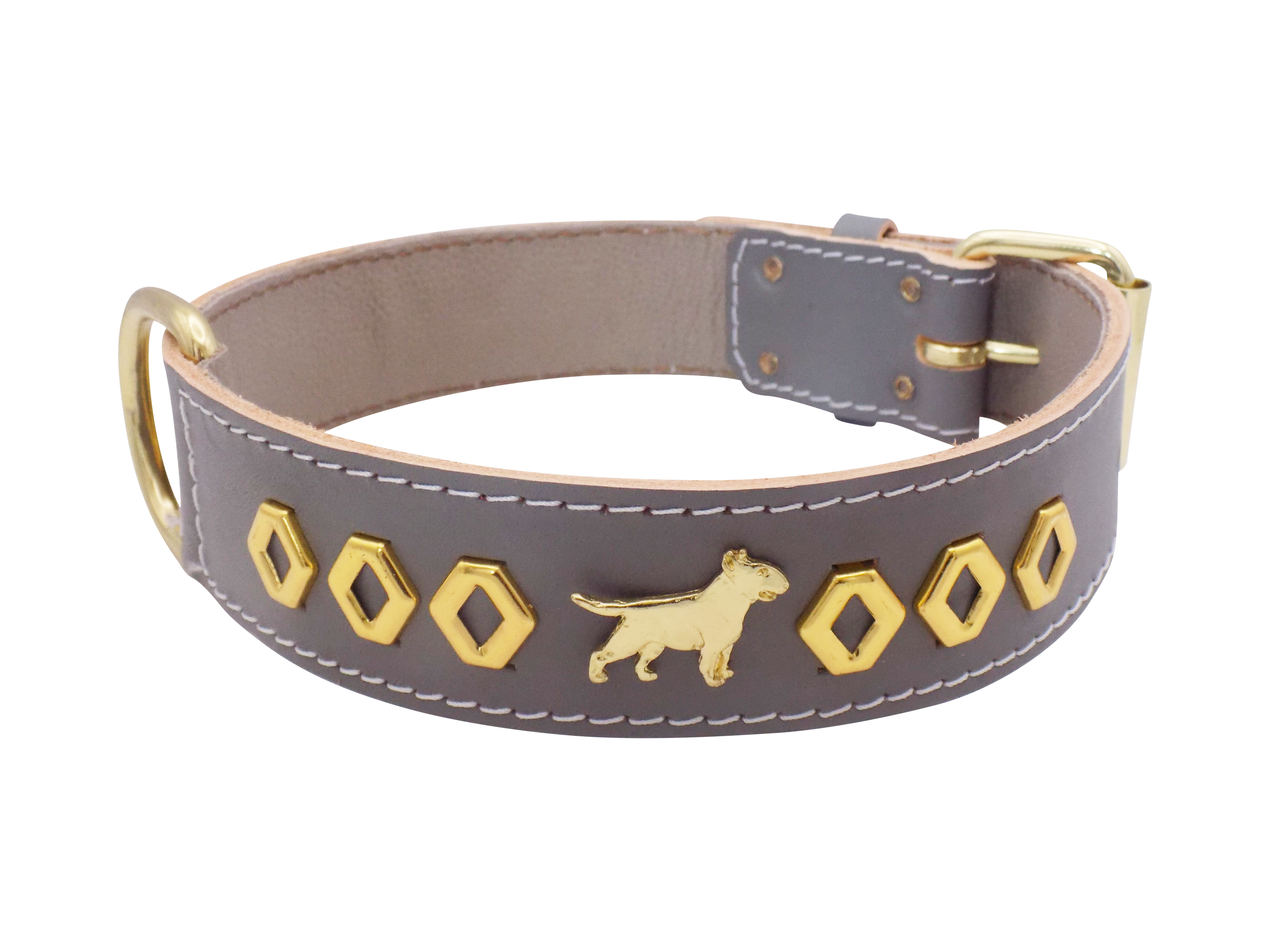 1.5" wide Leather Dog Collar with Decorative Gold Design and English Bull Terrier Badges