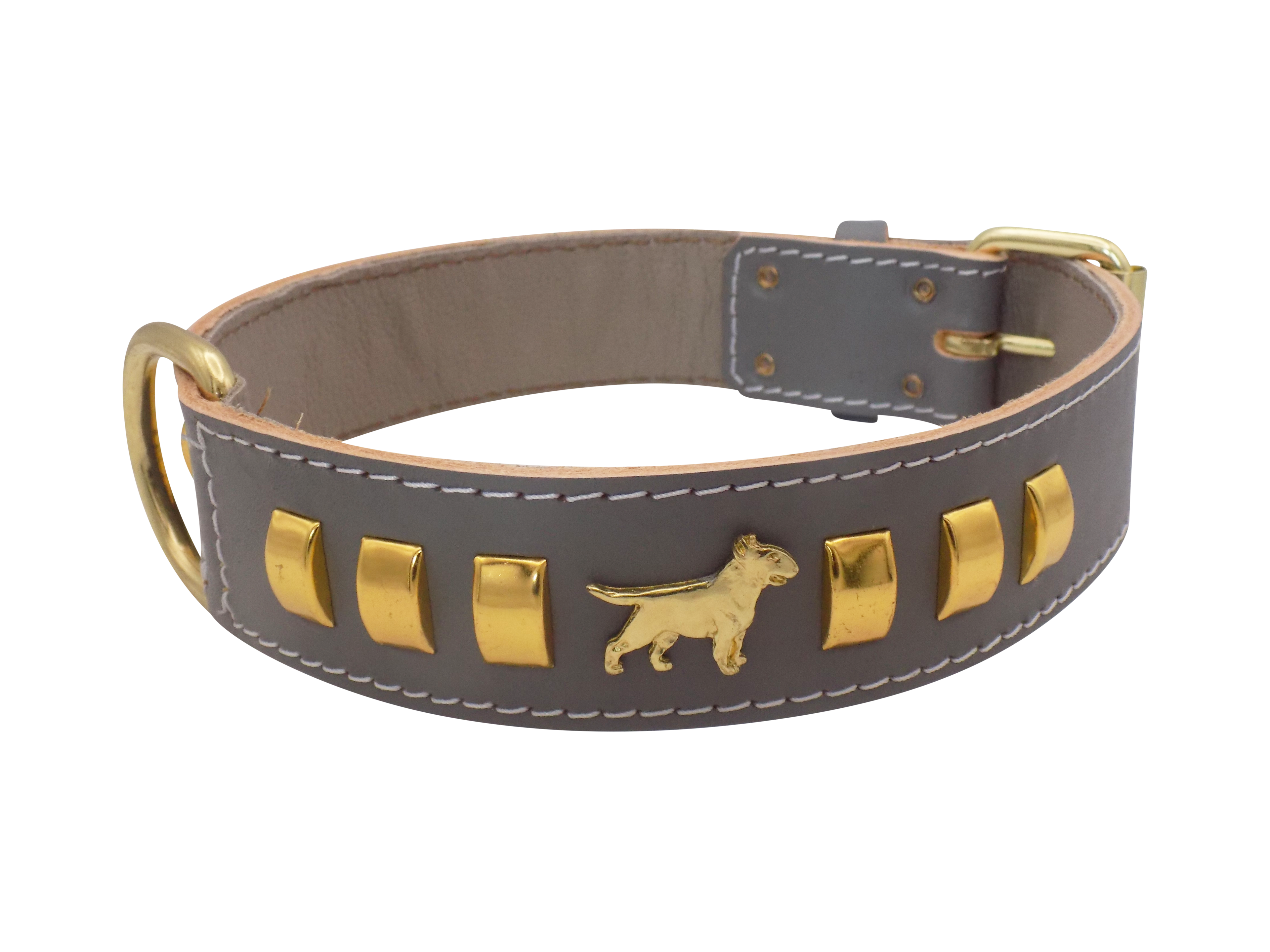 1.5" wide Leather Dog Collar with Decorative Gold Design and English Bull Terrier Badges