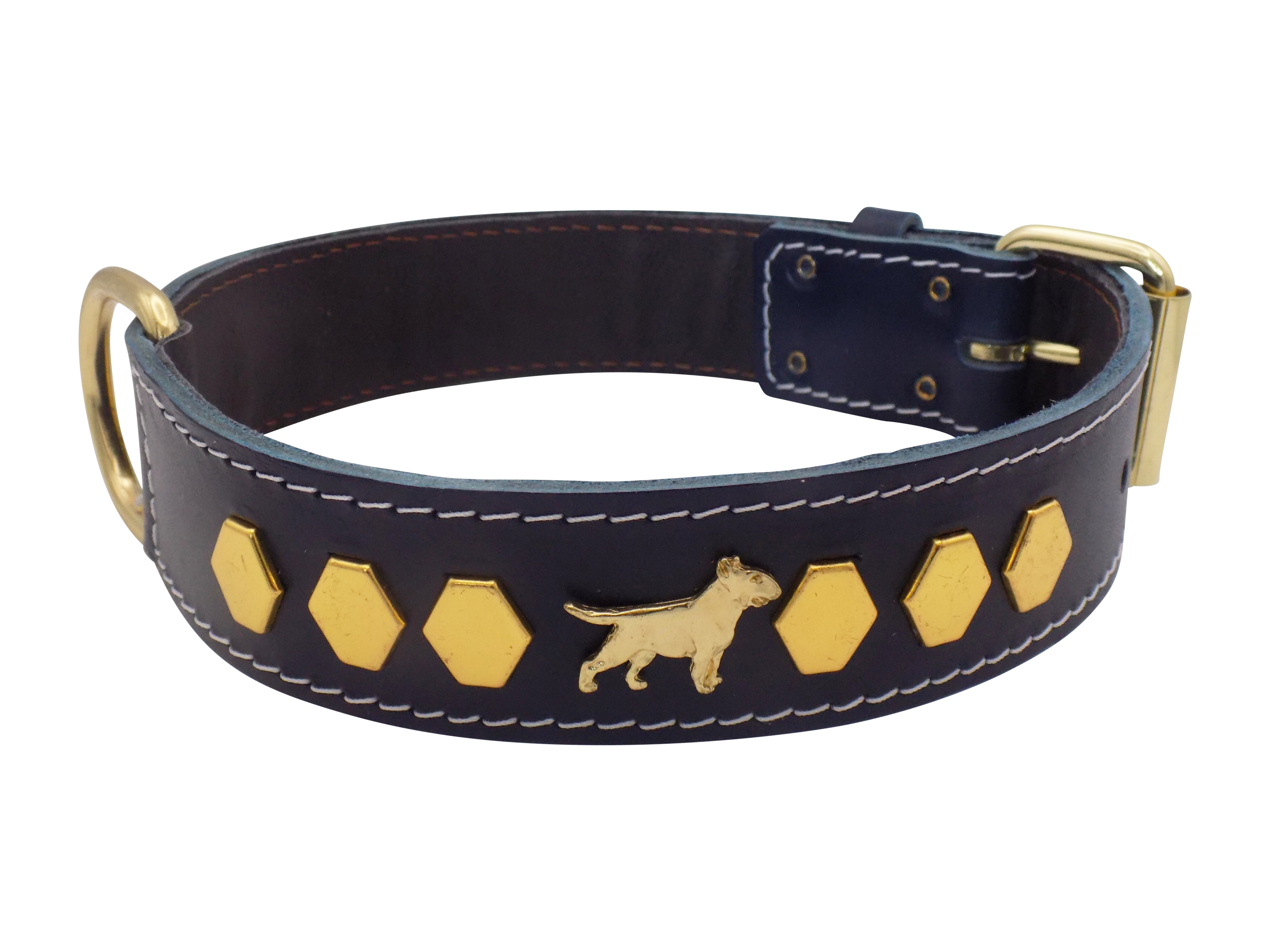 1.5" wide Leather Dog Collar with Decorative Gold Design and English Bull Terrier Badges