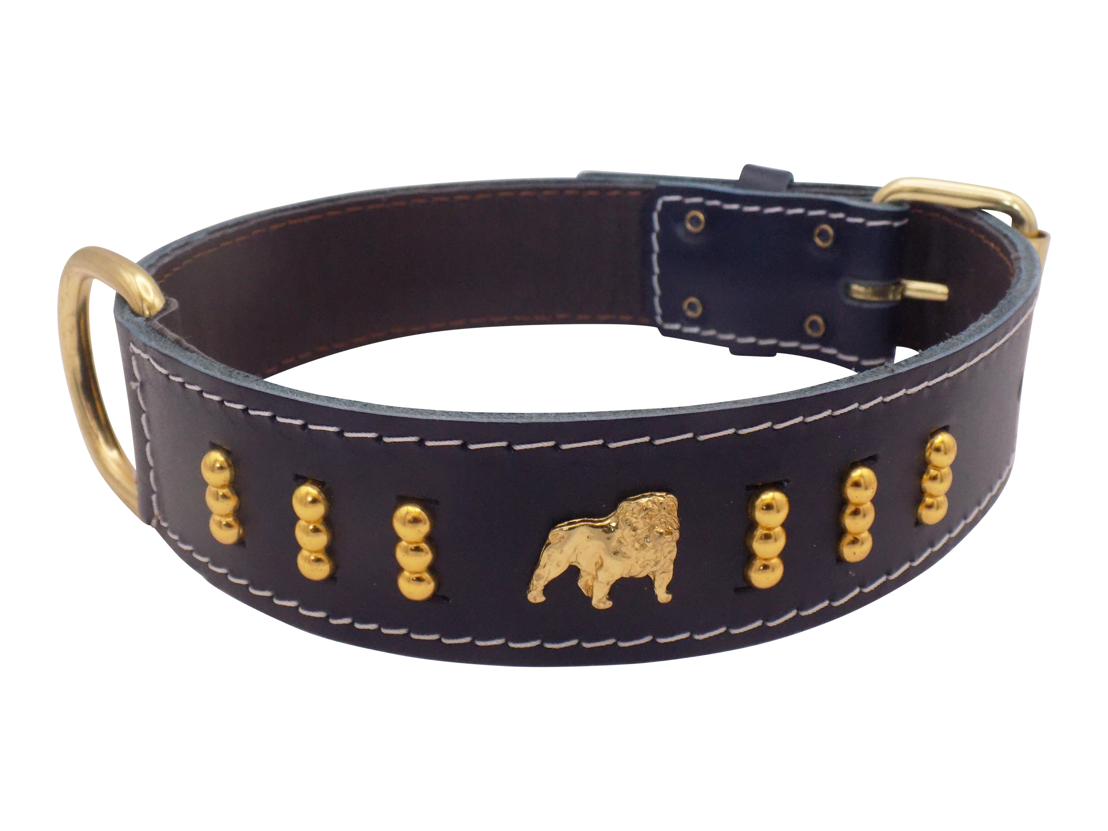 1.5" wide Leather Dog Collar with Unique Gold Design and English Bulldog Badges Style-4