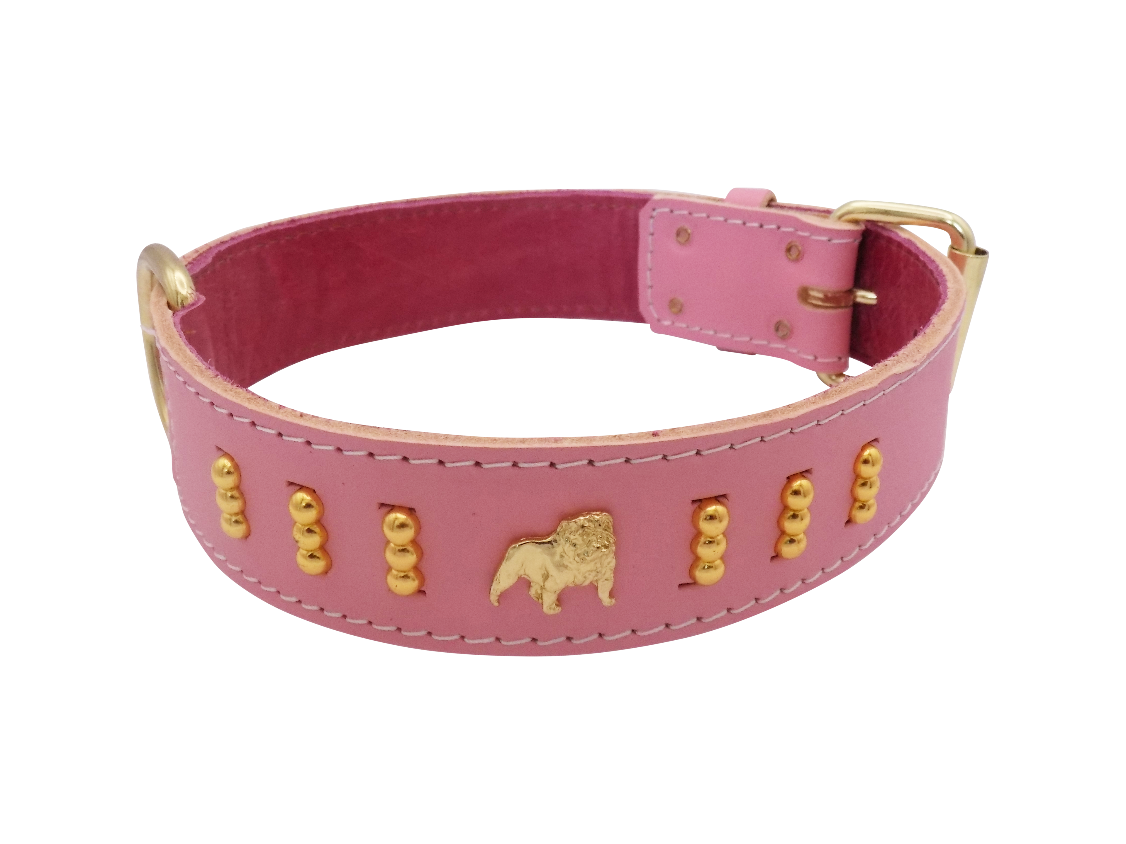 1.5" wide Leather Dog Collar with Unique Gold Design and English Bulldog Badges Style-4