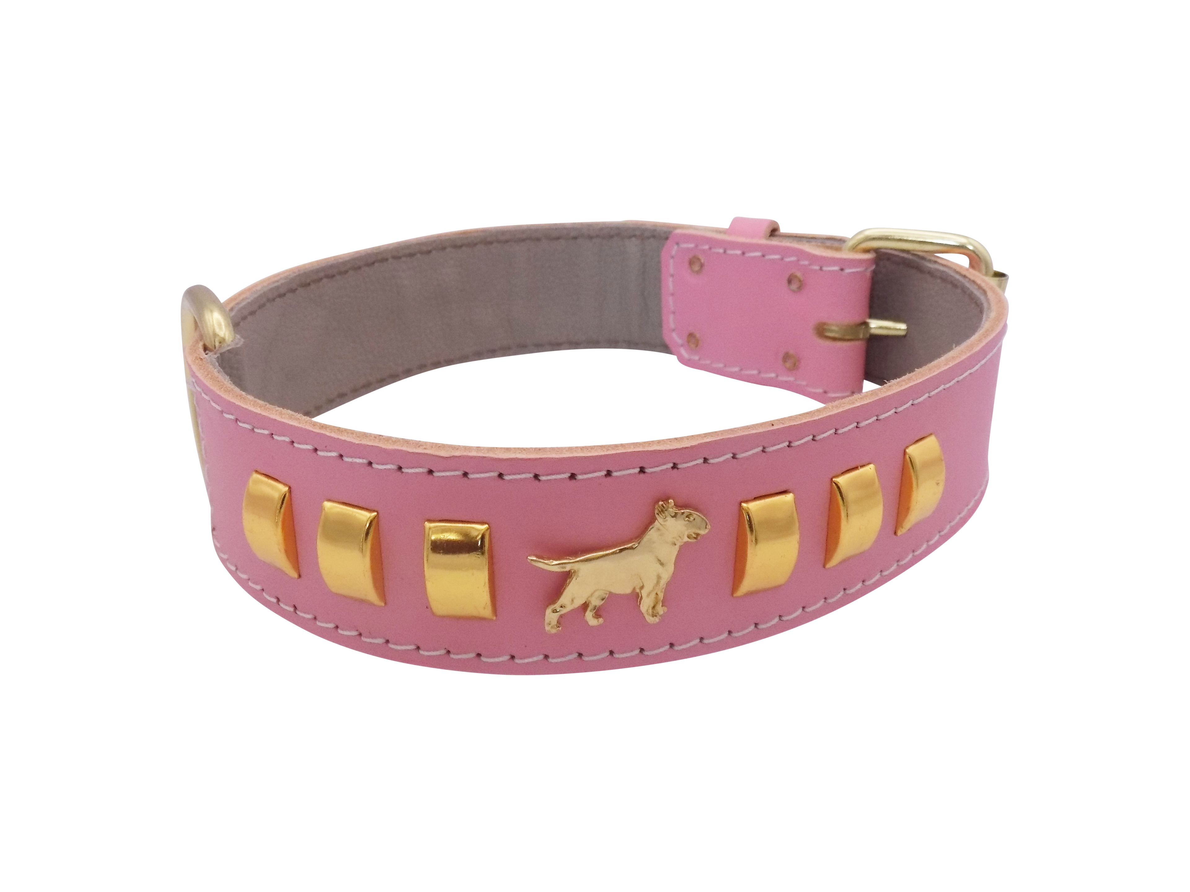 1.5" wide Leather Dog Collar with Decorative Gold Design and English Bull Terrier Badges
