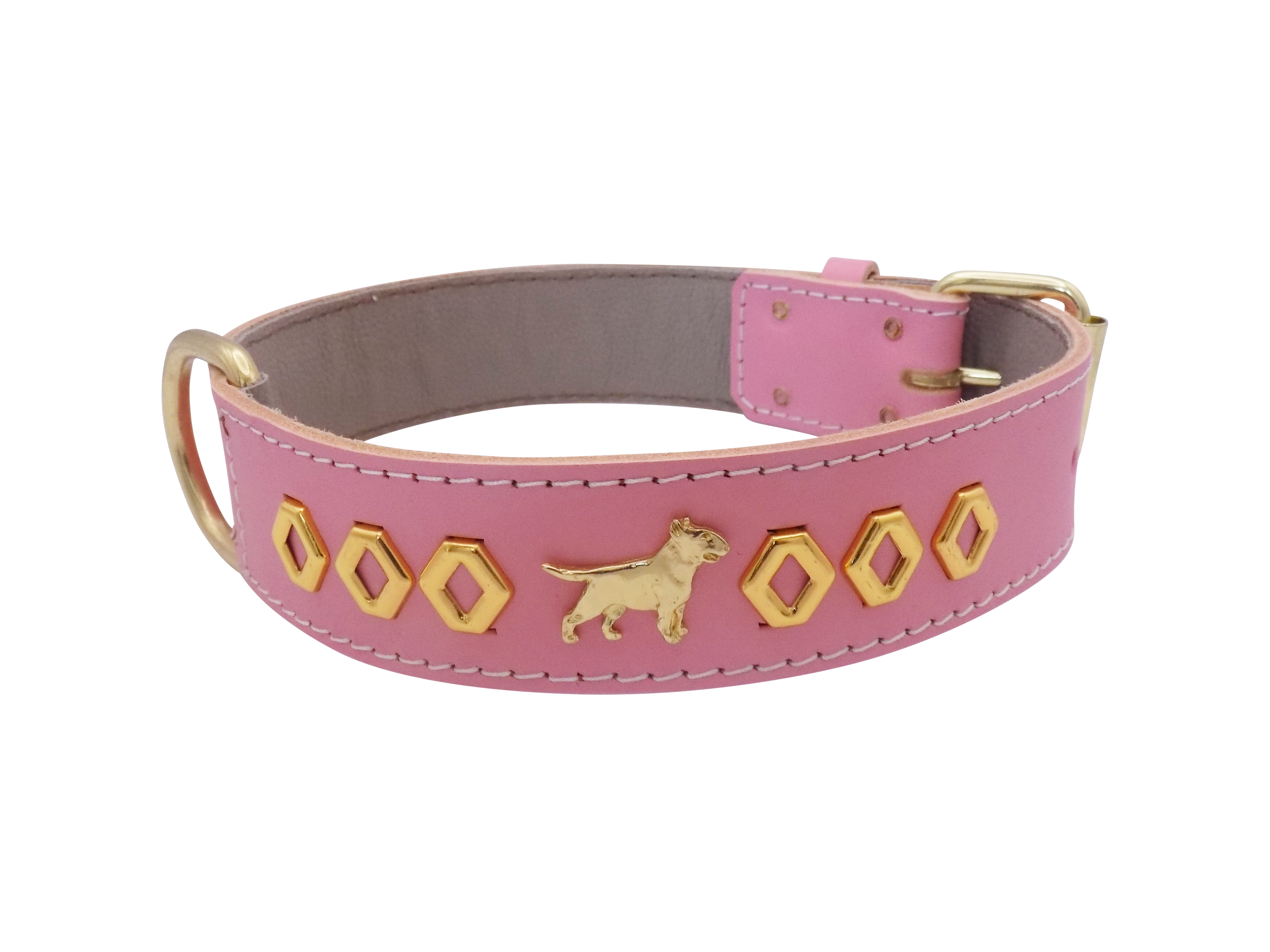 1.5" wide Leather Dog Collar with Decorative Gold Design and English Bull Terrier Badges