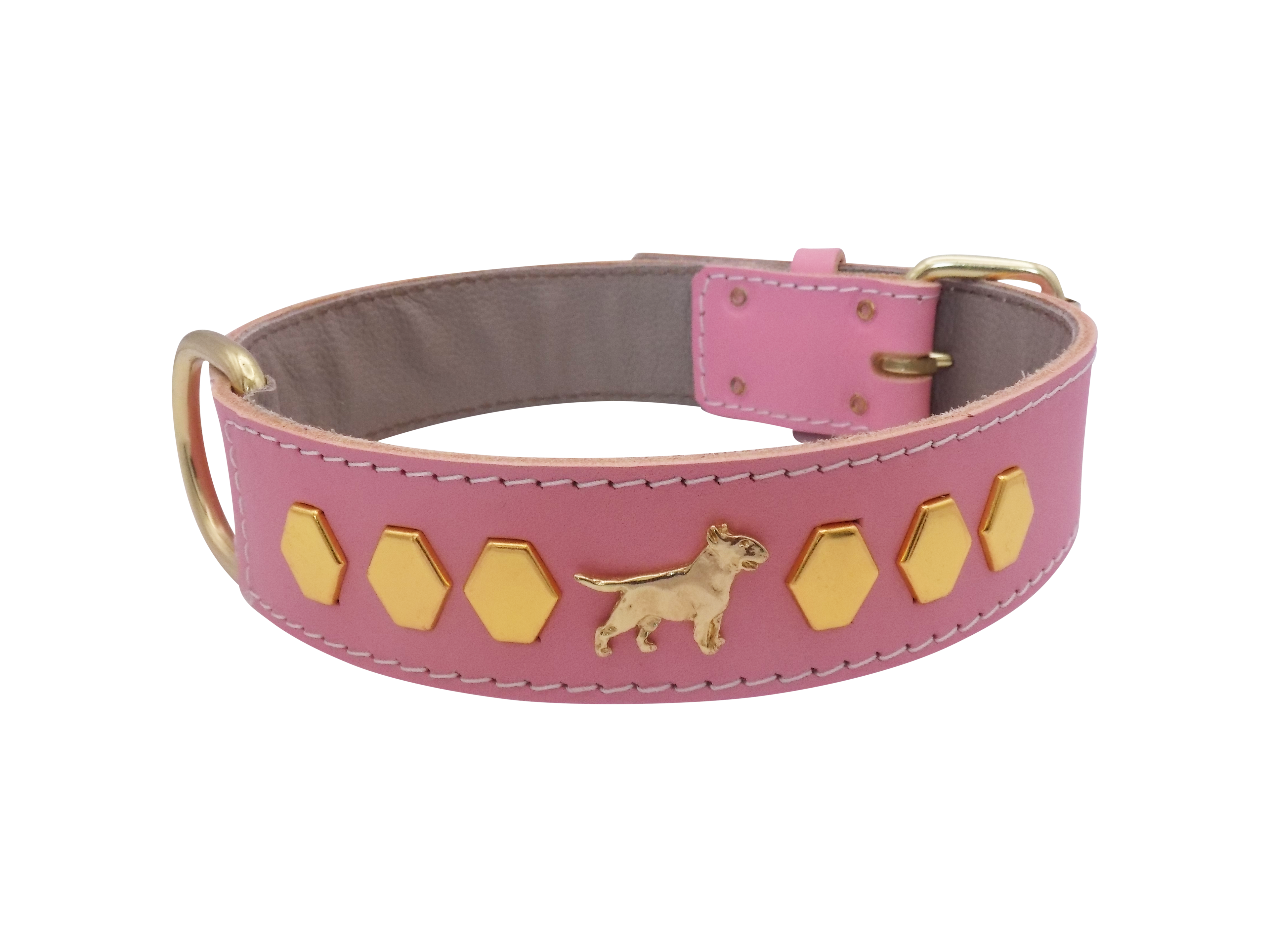 1.5" wide Leather Dog Collar with Decorative Gold Design and English Bull Terrier Badges