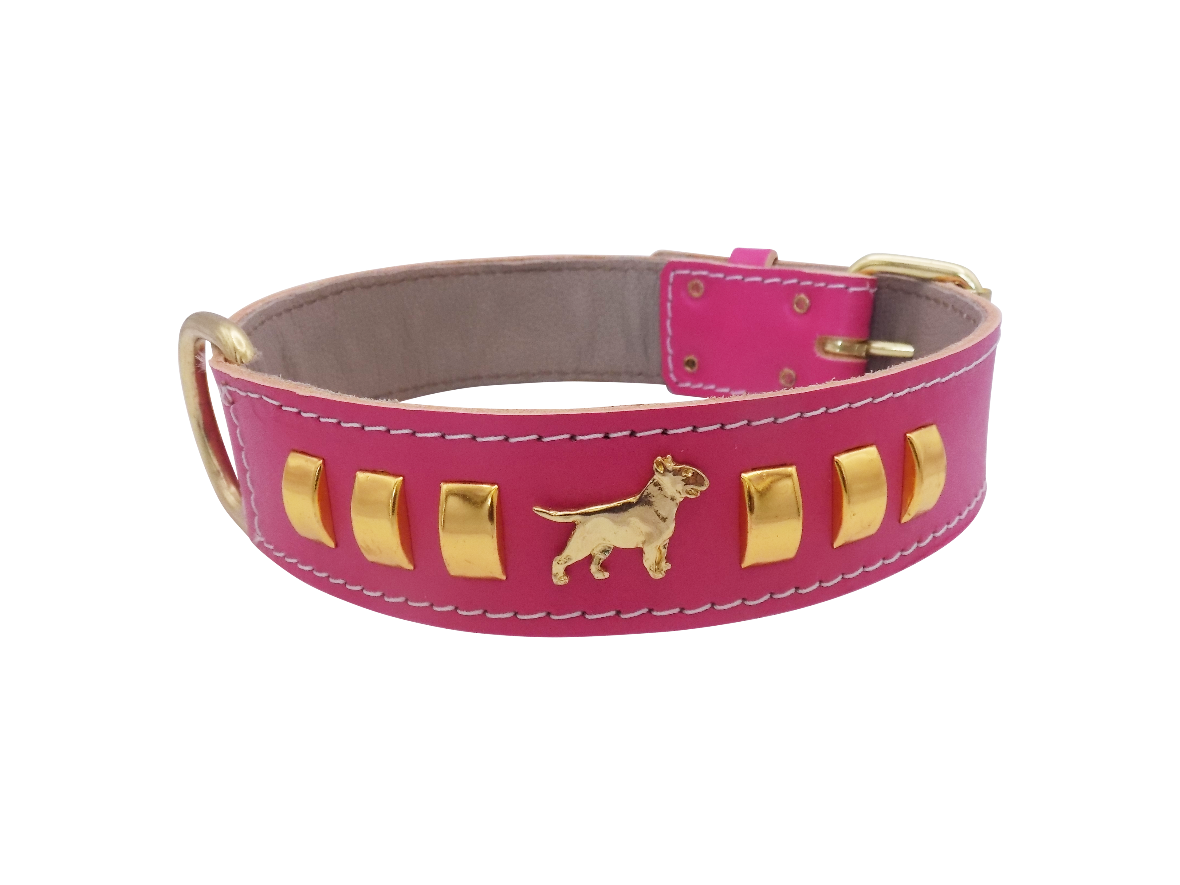 1.5" wide Leather Dog Collar with Decorative Gold Design and English Bull Terrier Badges