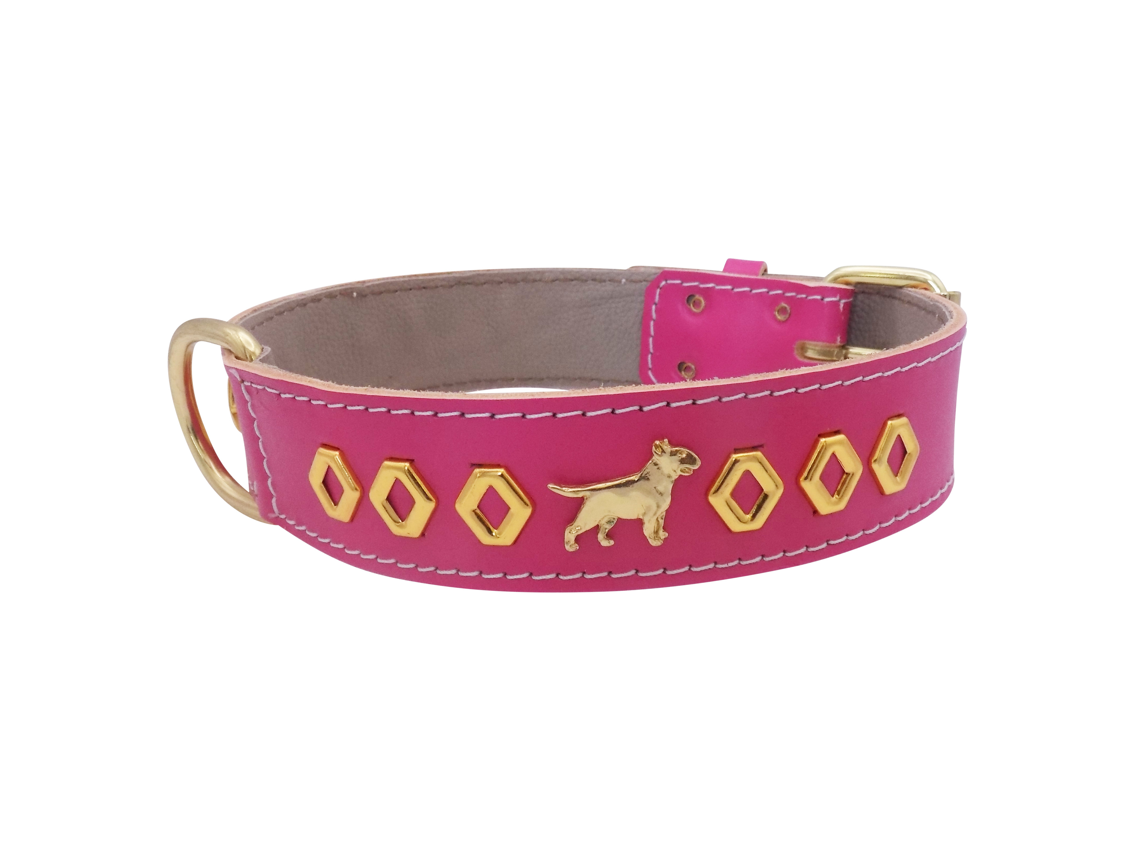 1.5" wide Leather Dog Collar with Decorative Gold Design and English Bull Terrier Badges