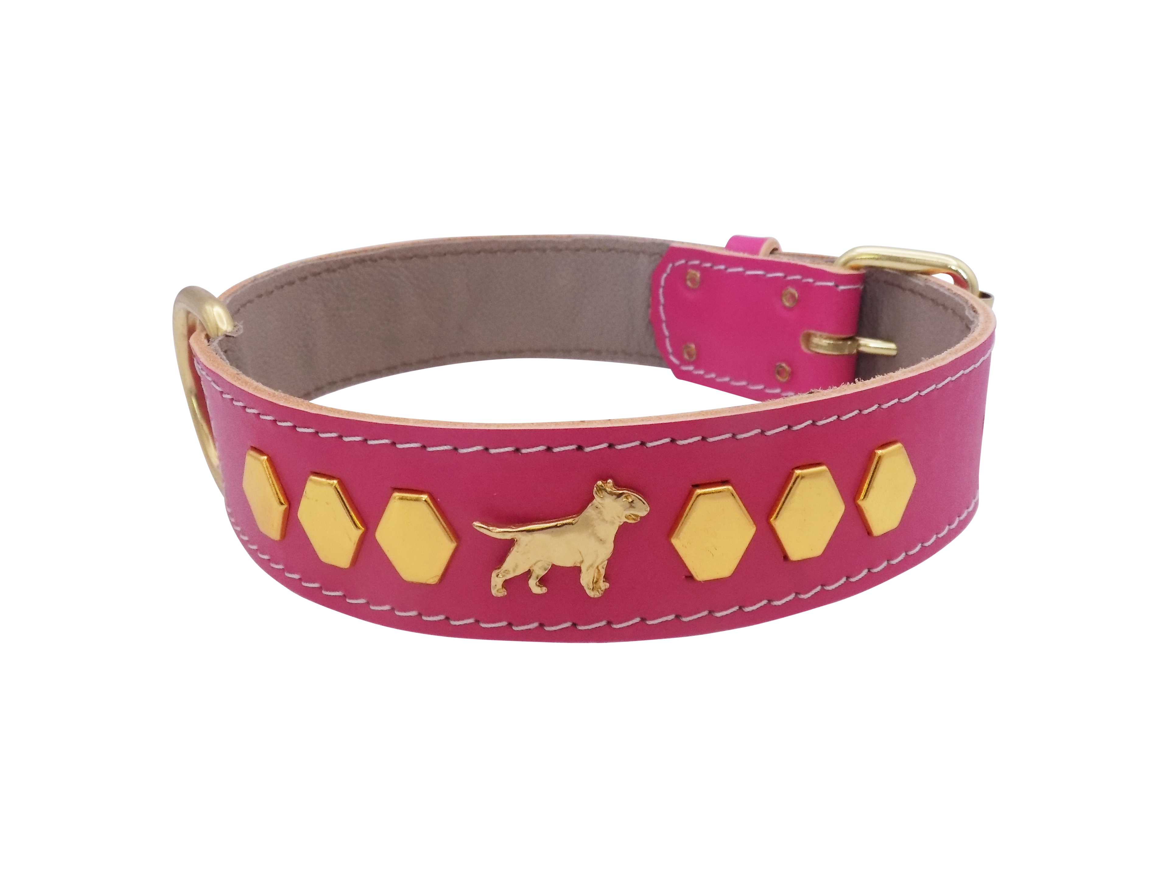 1.5" wide Leather Dog Collar with Decorative Gold Design and English Bull Terrier Badges
