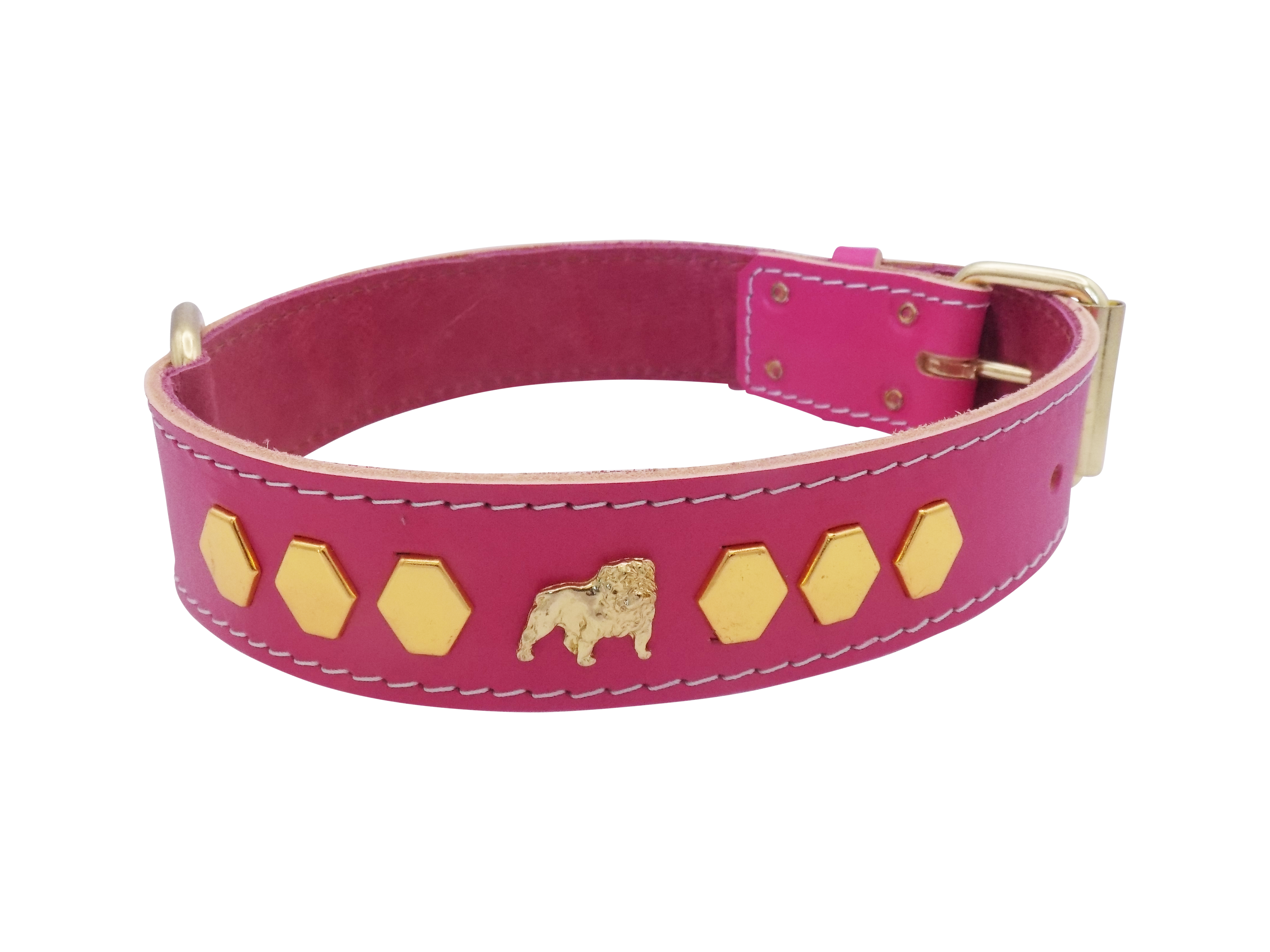 1.5" wide Leather Dog Collar with Unique Gold Design and English Bulldog Badges