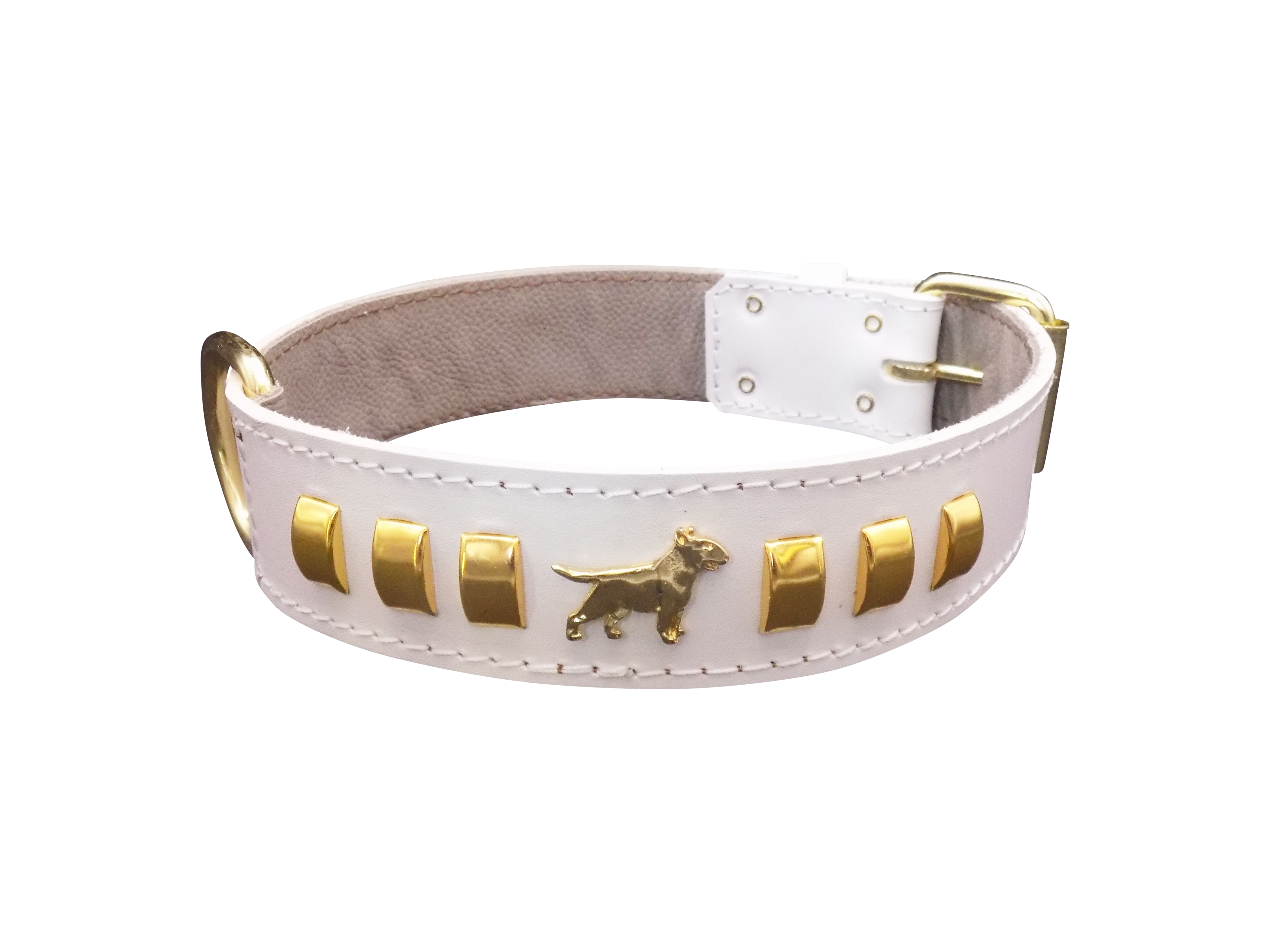 1.5" wide Leather Dog Collar with Decorative Gold Design and English Bull Terrier Badges