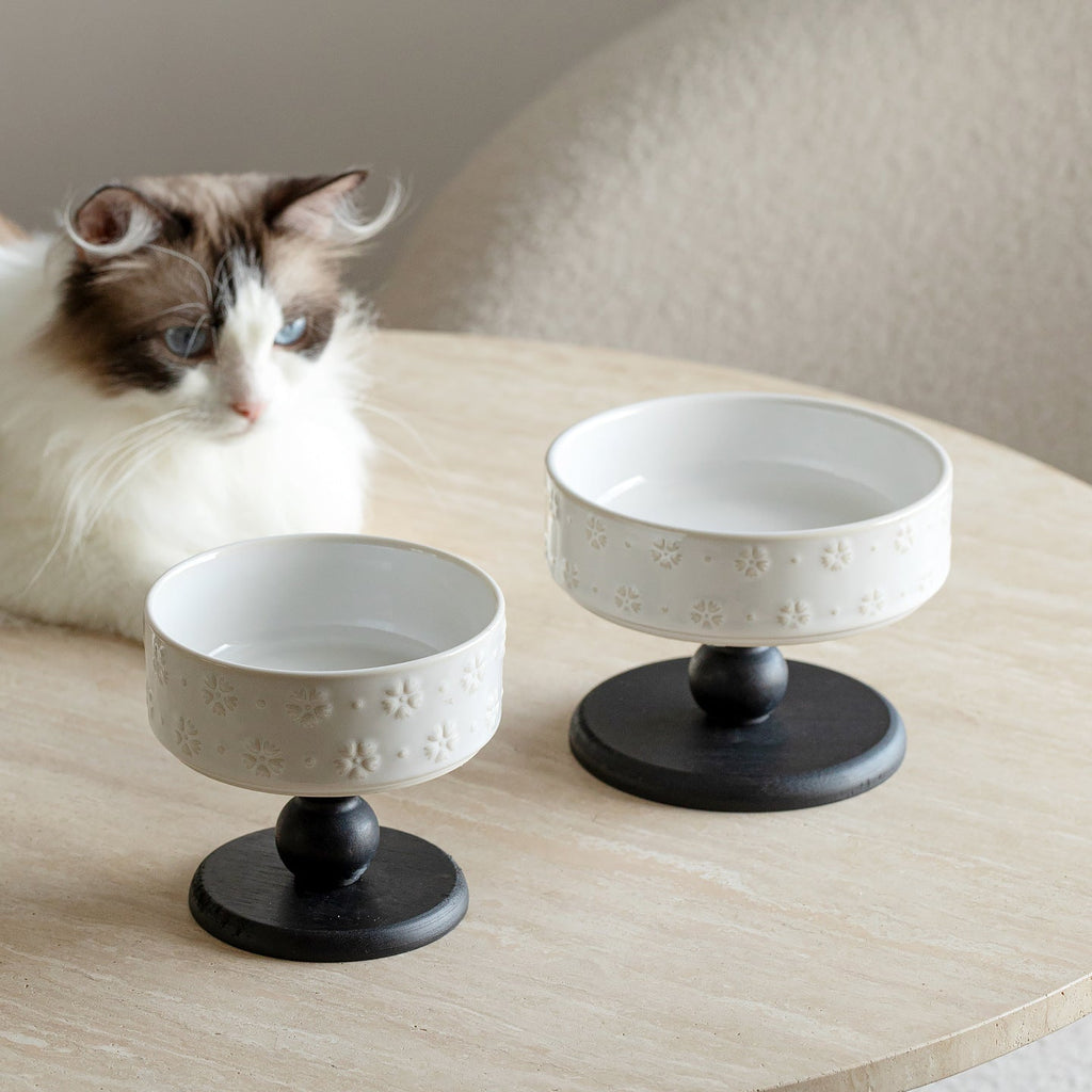 Snowflake Ceramic Pet Bowl with Wooden Base – Red Wood (Low Profile)