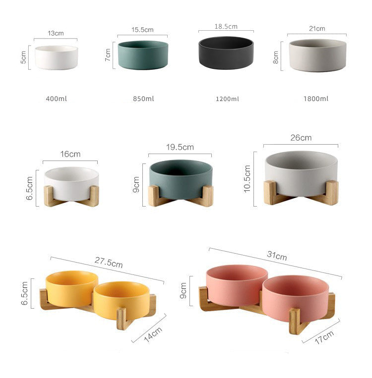 Double Pink Ceramic Pet Bowl with Bamboo Stand
