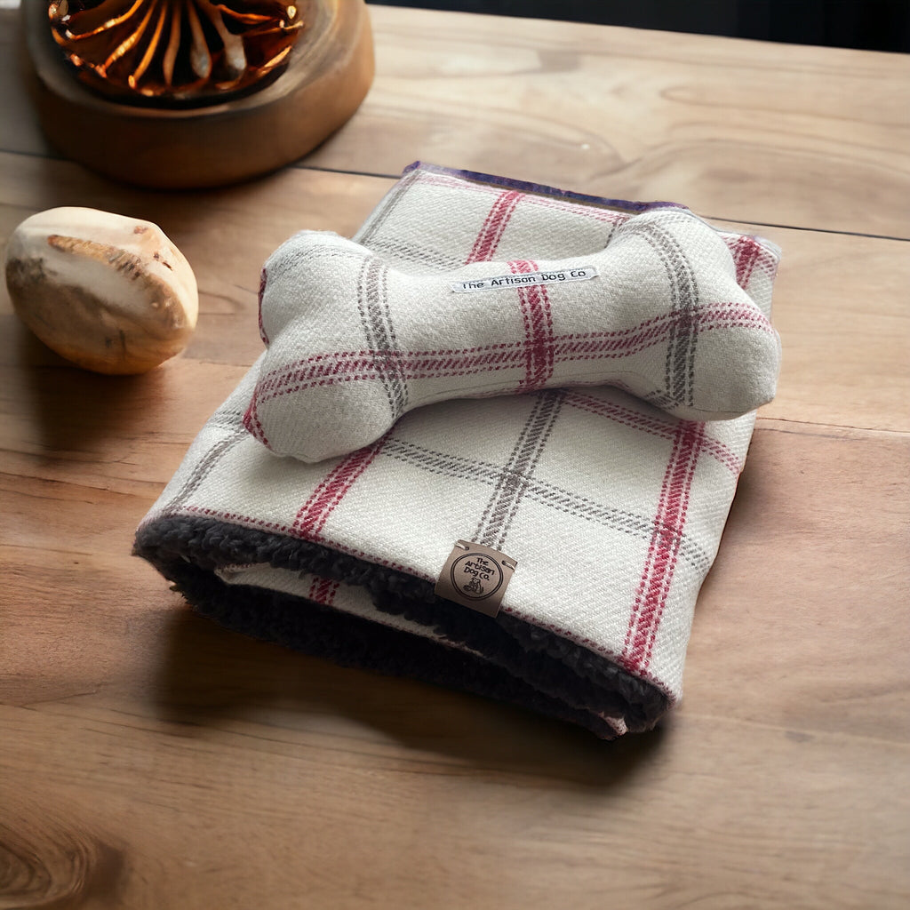 Regular Luxury Handcrafted Knighthayes Cream/red/grey check Dog/pet Blanket
