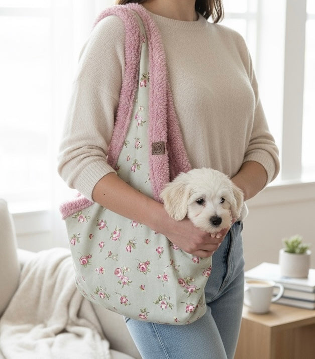 Handcrafted, luxury puppy/small dog carrier/sling - Dolly Floral Fabric