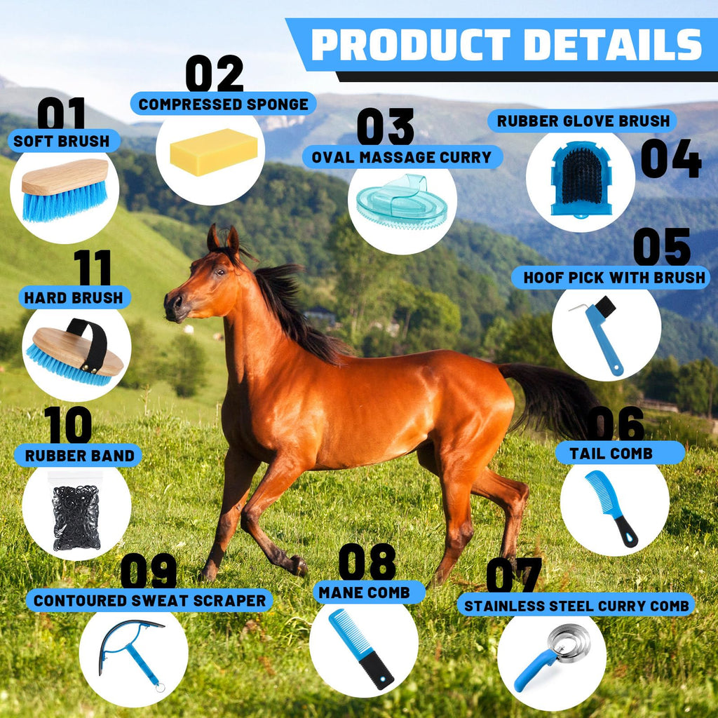 Abbylike 12-Piece Horse Grooming Kit with Organizer Tote Bag – Equine Care Set (Blue)