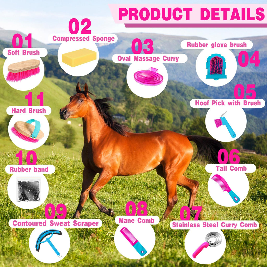 Abbylike 12-Piece Horse Grooming Kit with Organizer Tote Rose Red