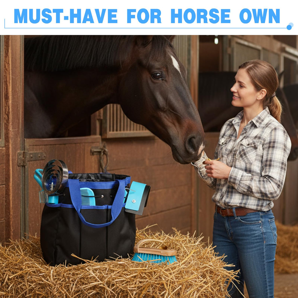 Abbylike 12-Piece Horse Grooming Kit with Organizer Tote Bag – Equine Care Set (Blue)