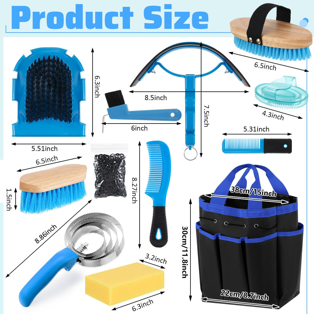 Abbylike 12-Piece Horse Grooming Kit with Organizer Tote Bag – Equine Care Set (Blue)
